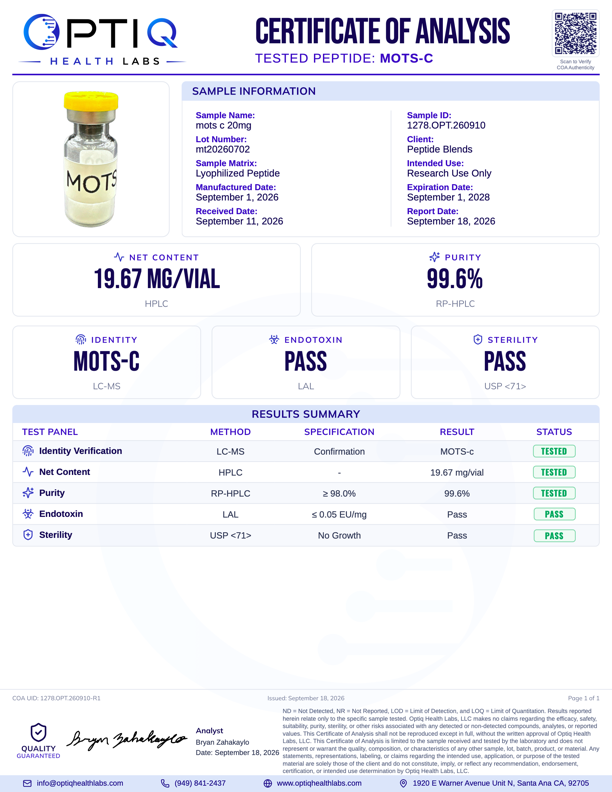 Laboratory certificate of analysis document for a peptide named MOTS-C, with details on sample ID, client, manufacturing and expiry dates, and test results showing high purity and no contamination.