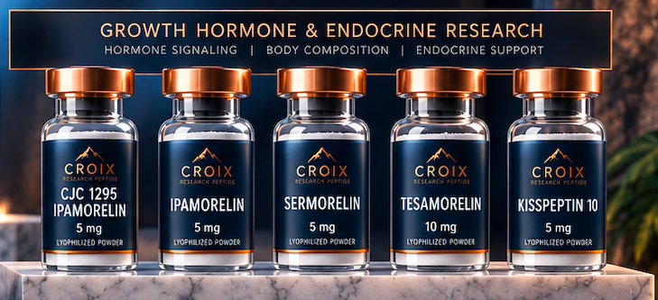Five vials labeled with different research hormones, including Ipamorelin, Sermorelin, Tesamorelin, and Kisspeptin, displayed on a marble surface for growth hormone and endocrine research.