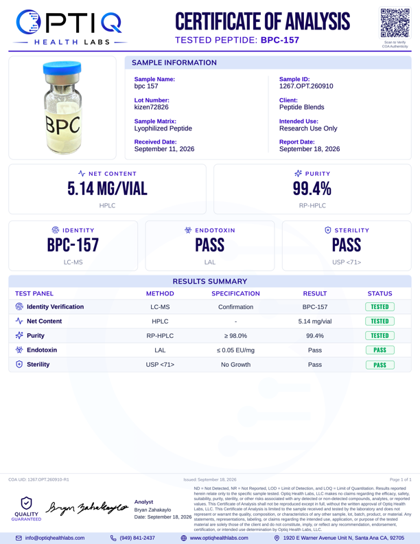 Laboratory certificate of analysis for a peptide sample from PTIQ Health Labs, showing test results including a net content of 5.14 mg/vial, purity at 99.4%, and passes for identity, endotoxin, and sterility.