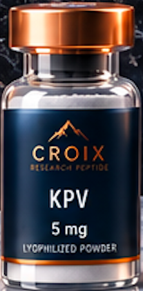 Bottled supplement labeled 'CROIX Balance Potion KPV 5 mg Lyophilized Powder' with orange cap and dark blue label
