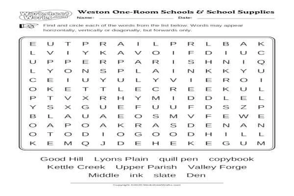 Word Search - Weston's One-Room Schools & School Supplies