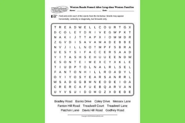Word Search - Weston's Road Names