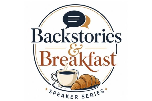 Backstories & Breakfast Speaker Series logo: speech bubbles above a cup of coffee and a croissant.