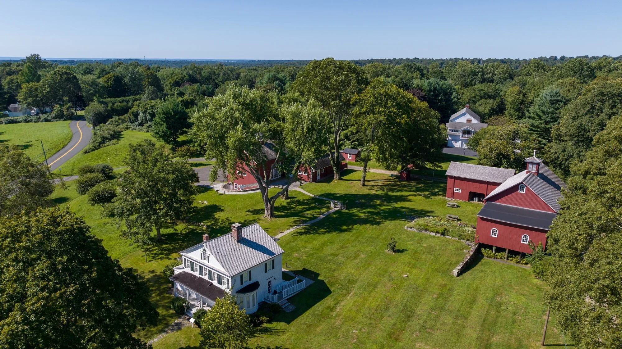 The Coley House and the Coley Barn from the air, summer 2023