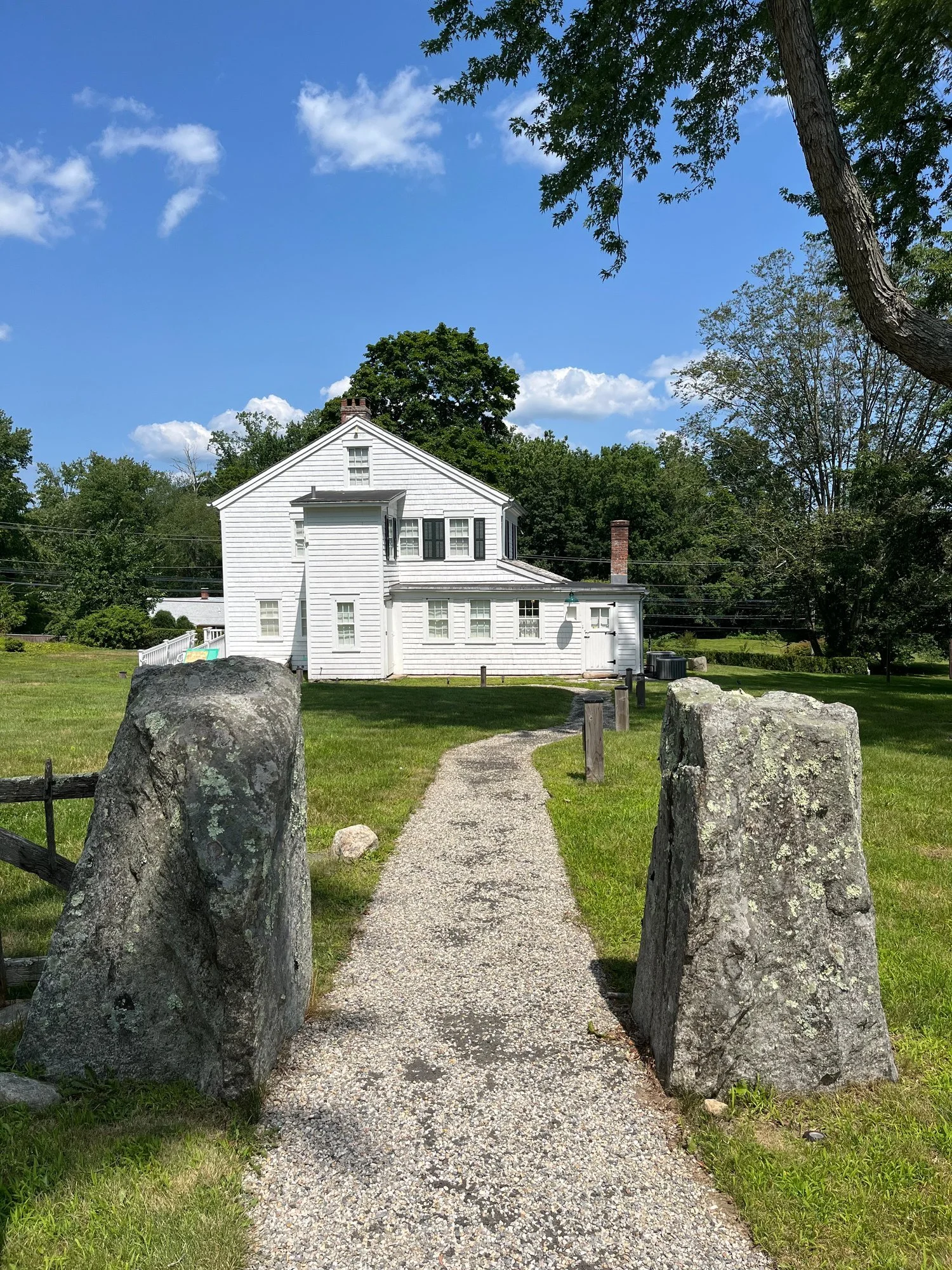 Stone gateposts on the path to the Coley House, summer 2026