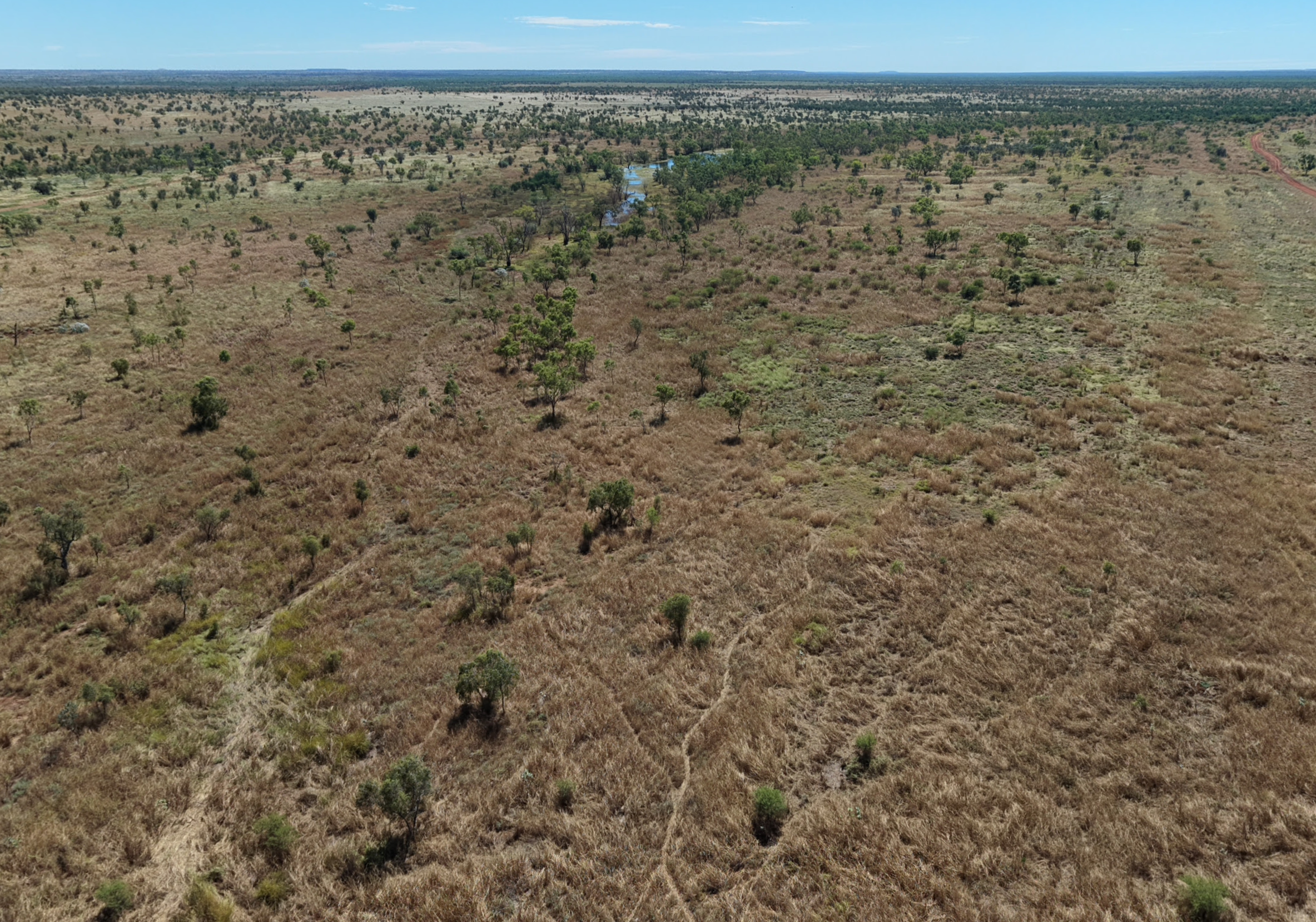 Aerial view of a semi-arid landscape with sparse vegetation, small trees, and a winding river or stream through the terrain under a partly cloudy sky.