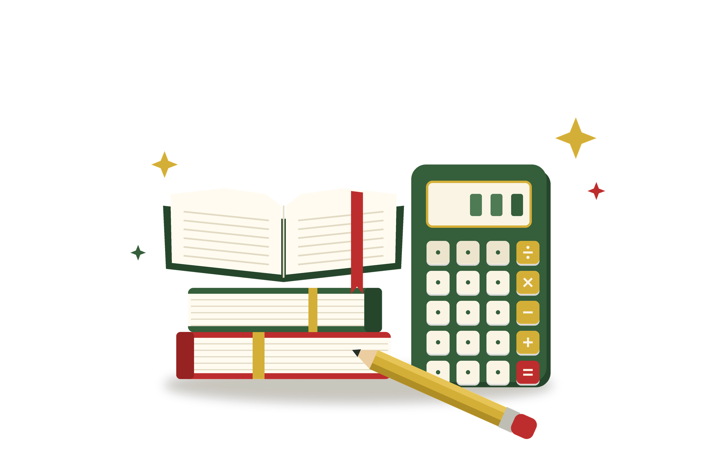 Illustration of books, a calculator, a pencil, and sheets of paper, suggesting studying or homework.