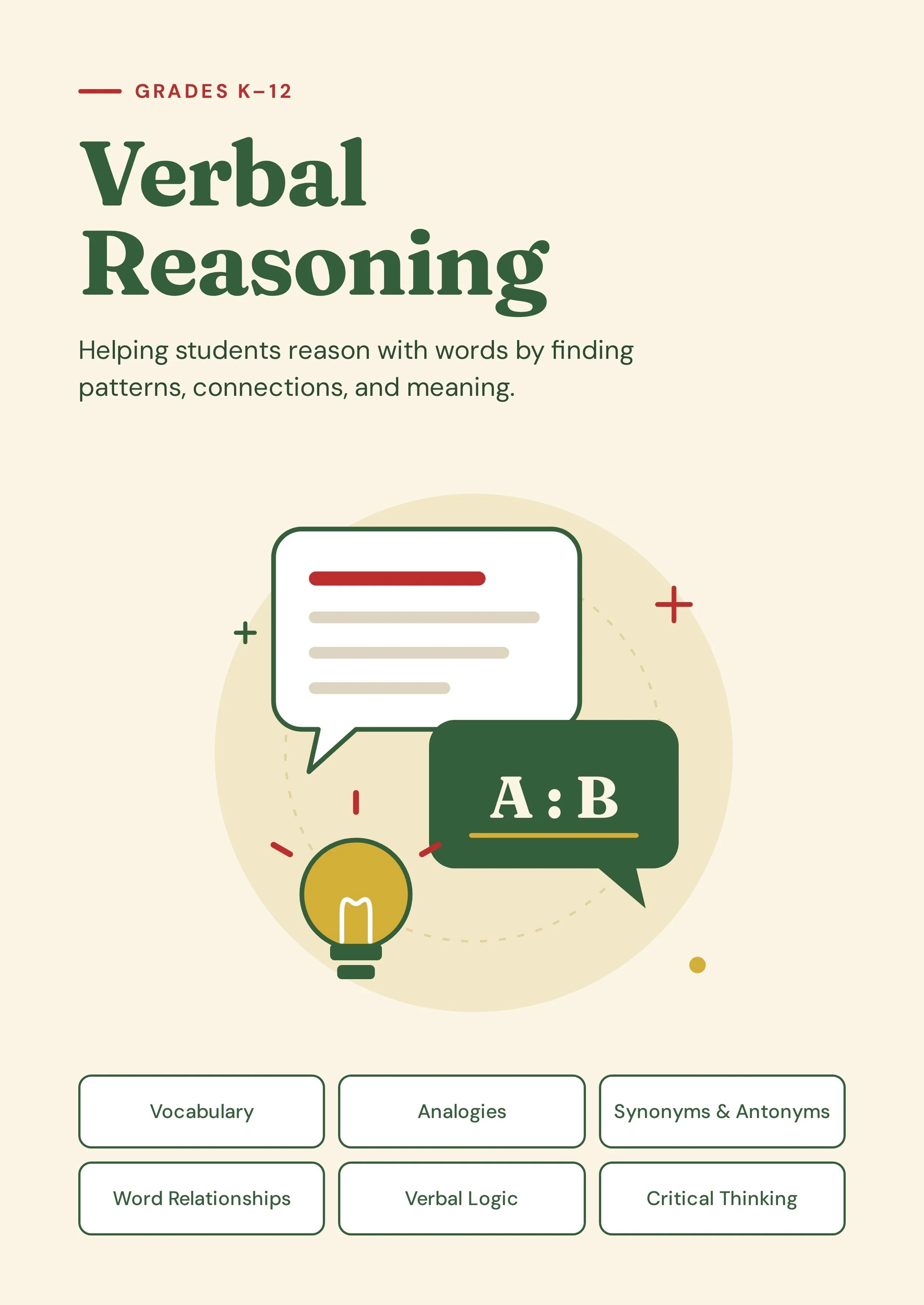 Cover of a book titled "Verbal Reasoning" with a subtitle "Helping students reason with words by finding patterns, connections, and meaning." The cover features a graphic of a lightbulb connected to speech bubbles and labeled "A:B," with green and red accents and a beige background.