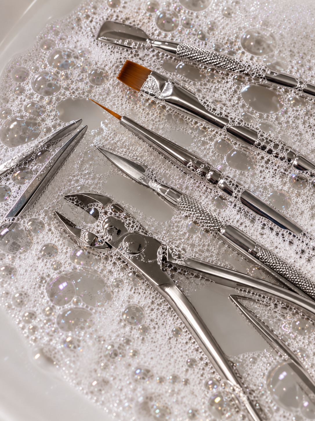 A collection of stainless steel manicure and pedicure tools.