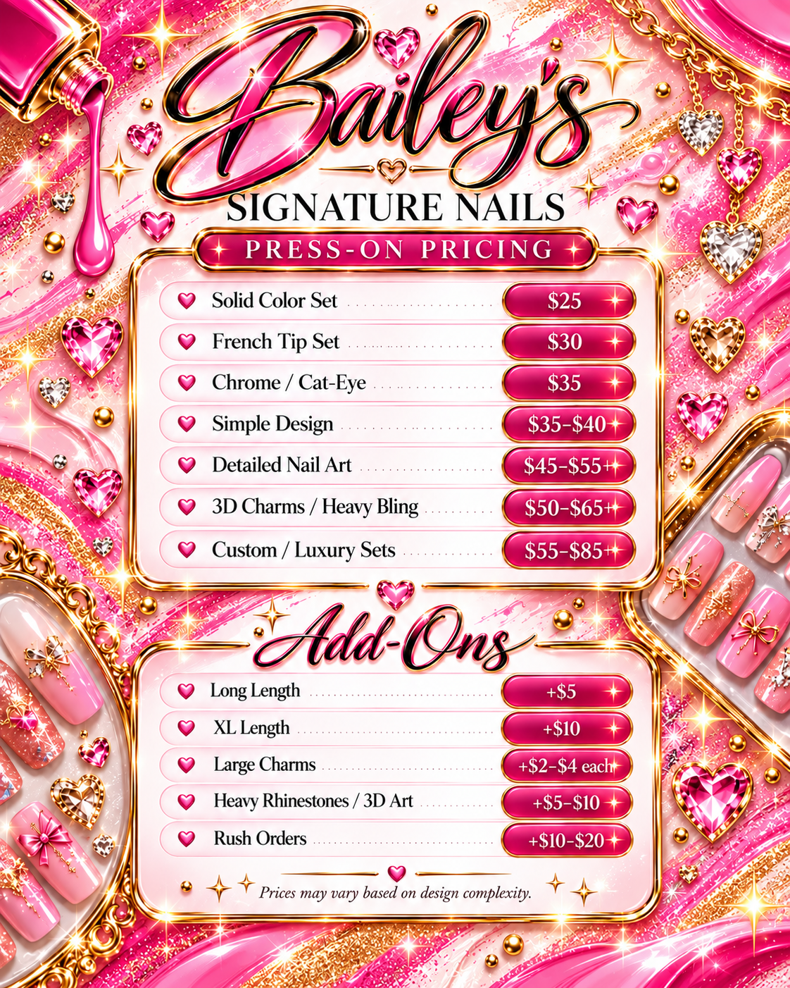 Price list for Bailey's Signature Nails services on a pink and gold background with nail art images and jewel decorations. Services include solid color, French tip, chrome/cat-eye, simple design, detailed art, 3D charms, luxury sets, with additional options for lengthening, charms, rhinestones, and rush orders.