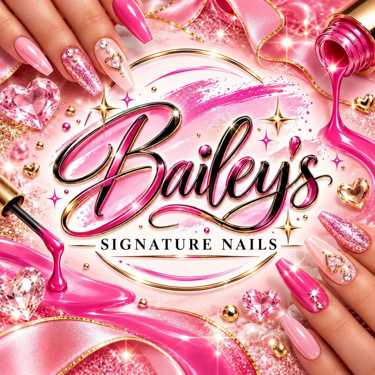 Bright pink and gold nail polish bottles with nails painted in pink shades, adorned with rhinestones, hearts, and glitter, surrounding the text 'Baley's Signature Nails' on a pink and glittery background with diamonds and sparkles.
