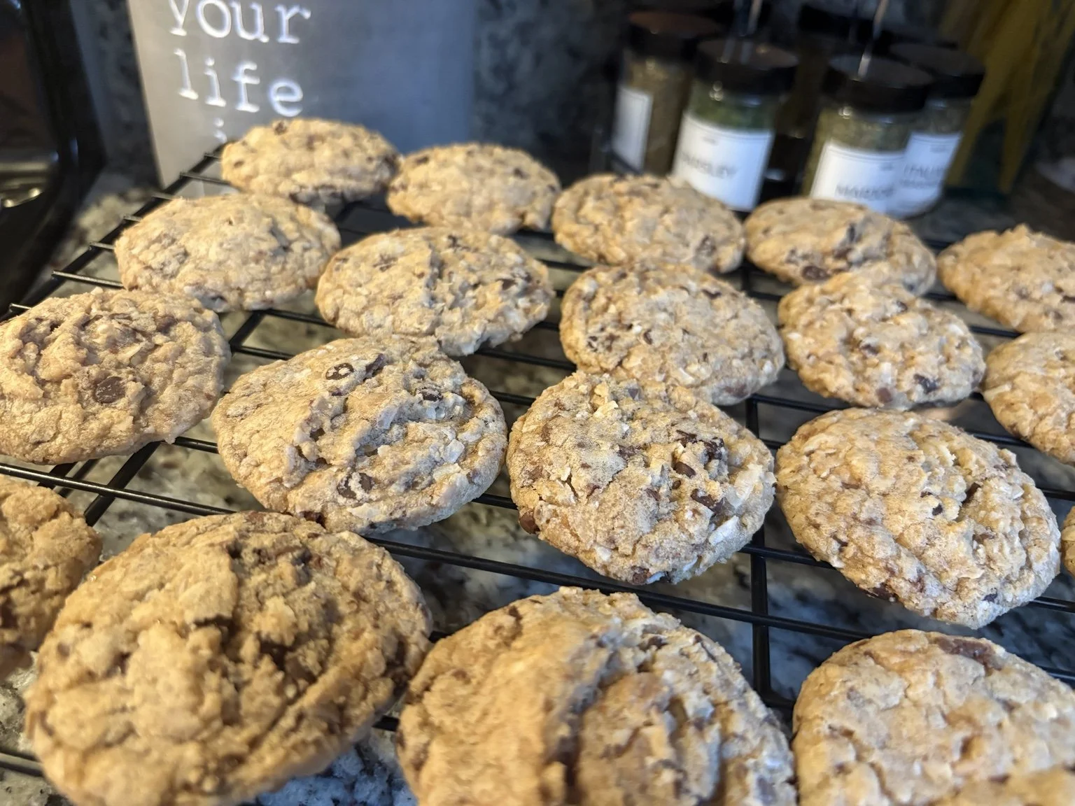 Freshly baked cookies cooling on the rack.