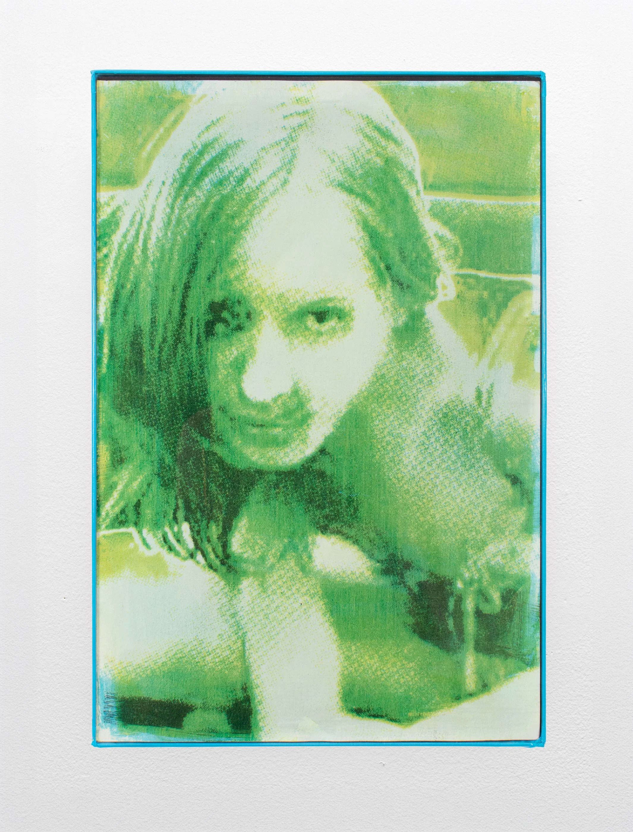Don't Let That Blue Girl Laugh Too Hard 03, 2024. Gum bichromate on watercolor paper. Duct tape Artist Frame, 12 in. x 18 in.