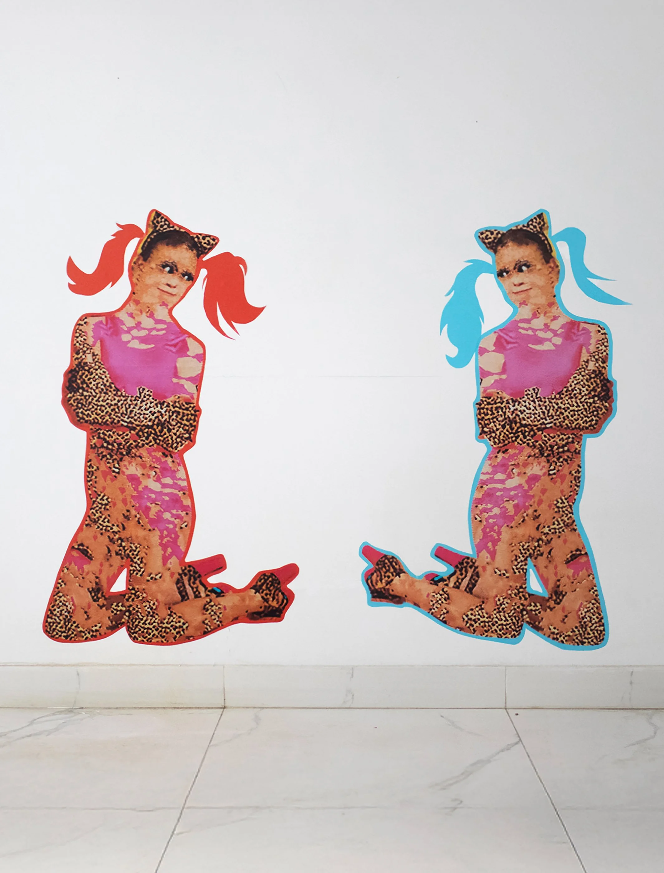 Dixie and Pixie, Just Another Monday, 2026. Fabric wall sticker, 3 ft. tall.