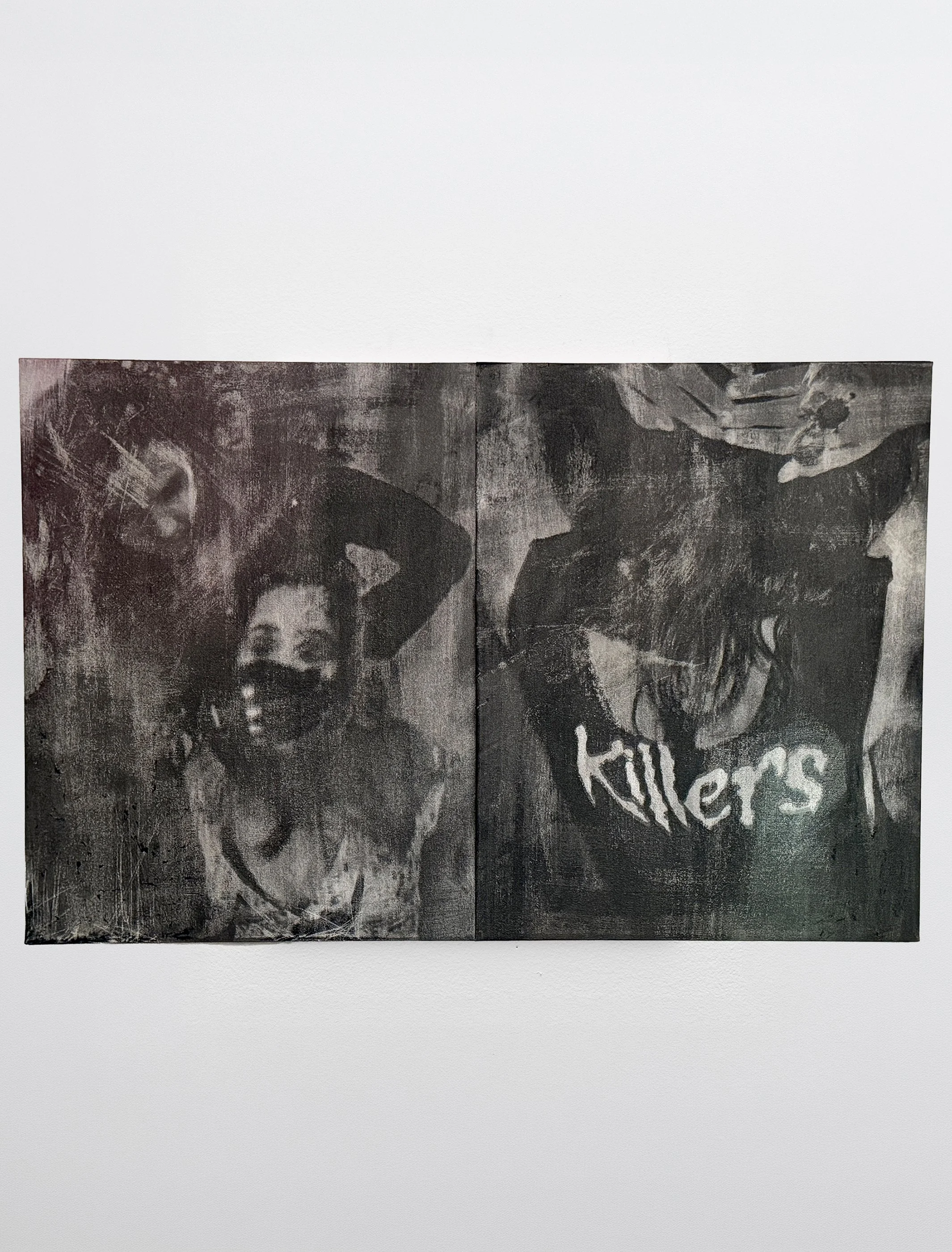 (Killer) How to Cope, Posers 02, 2025. Gum bichromate on canvas, oil pastel, colored pencil. 31 in. x 20 in.


