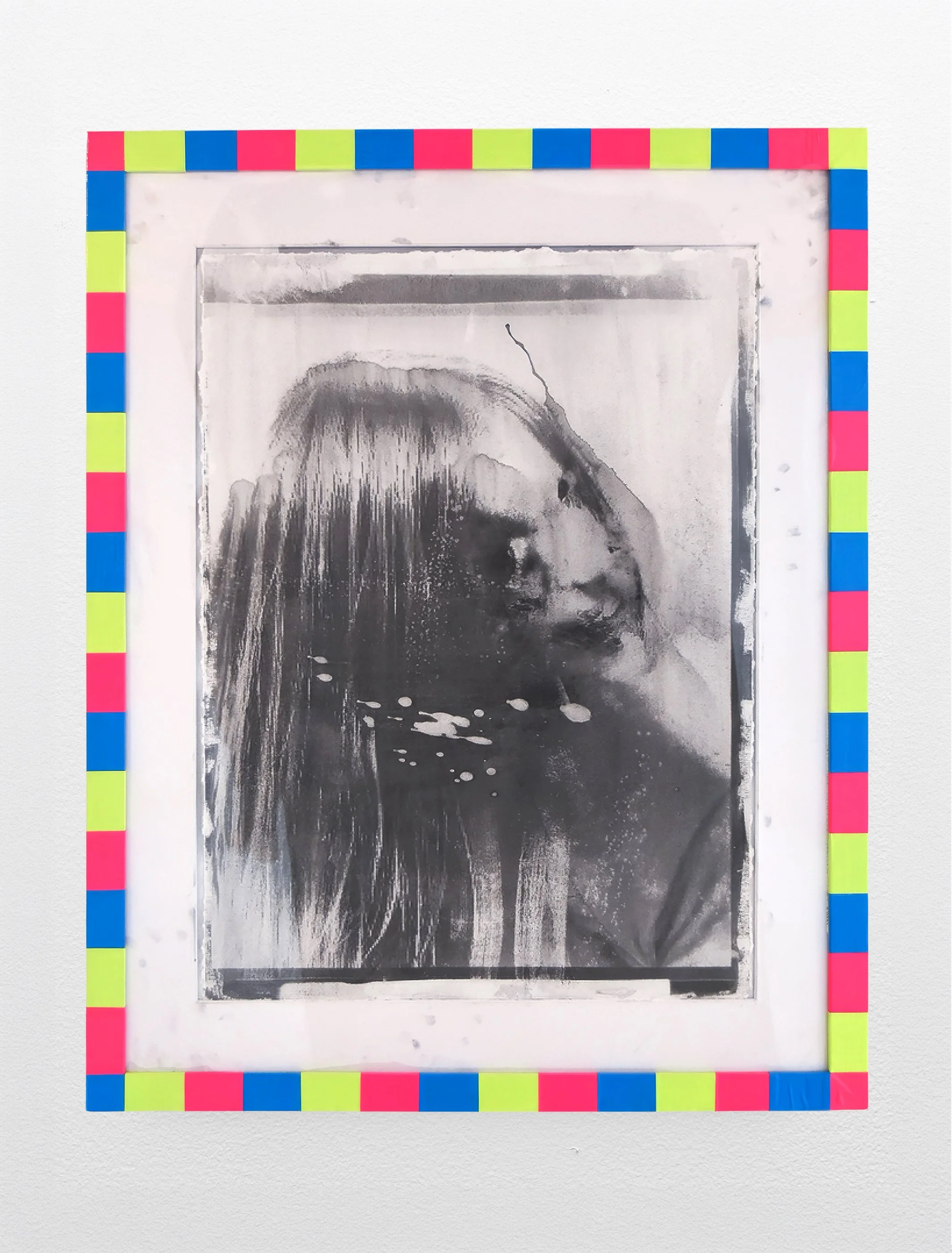 Troxler Sister 02a (Bailey Gore Back to School Spitball), 2026. Gum bichromate on watercolor paper. Duct tape Artist Frame (Lollipop Edition), 24.5 in. x 30 in.