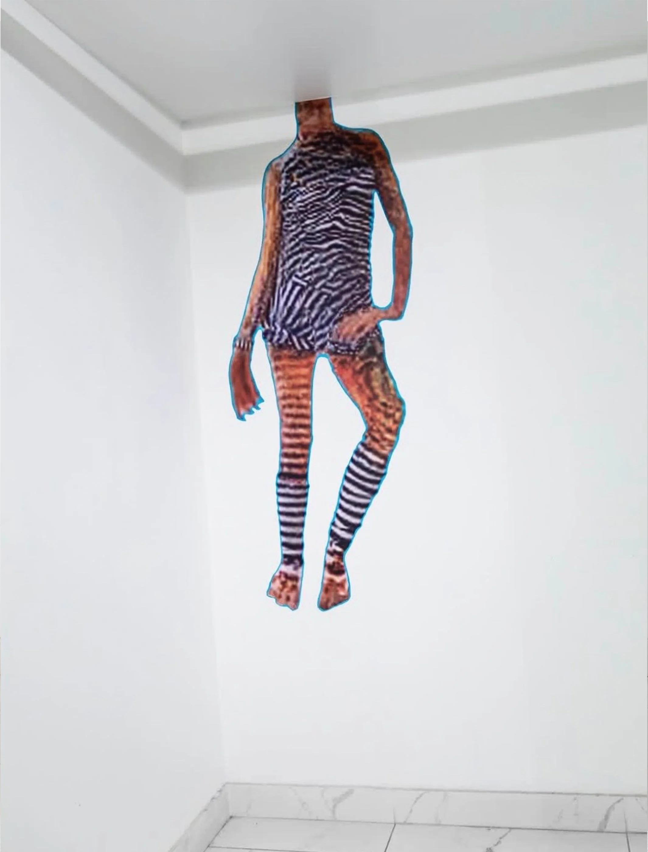 The Surrendered Posed (Dixie Troxler), 2026. Fabric wall sticker, 56 in. tall from the neck down.
