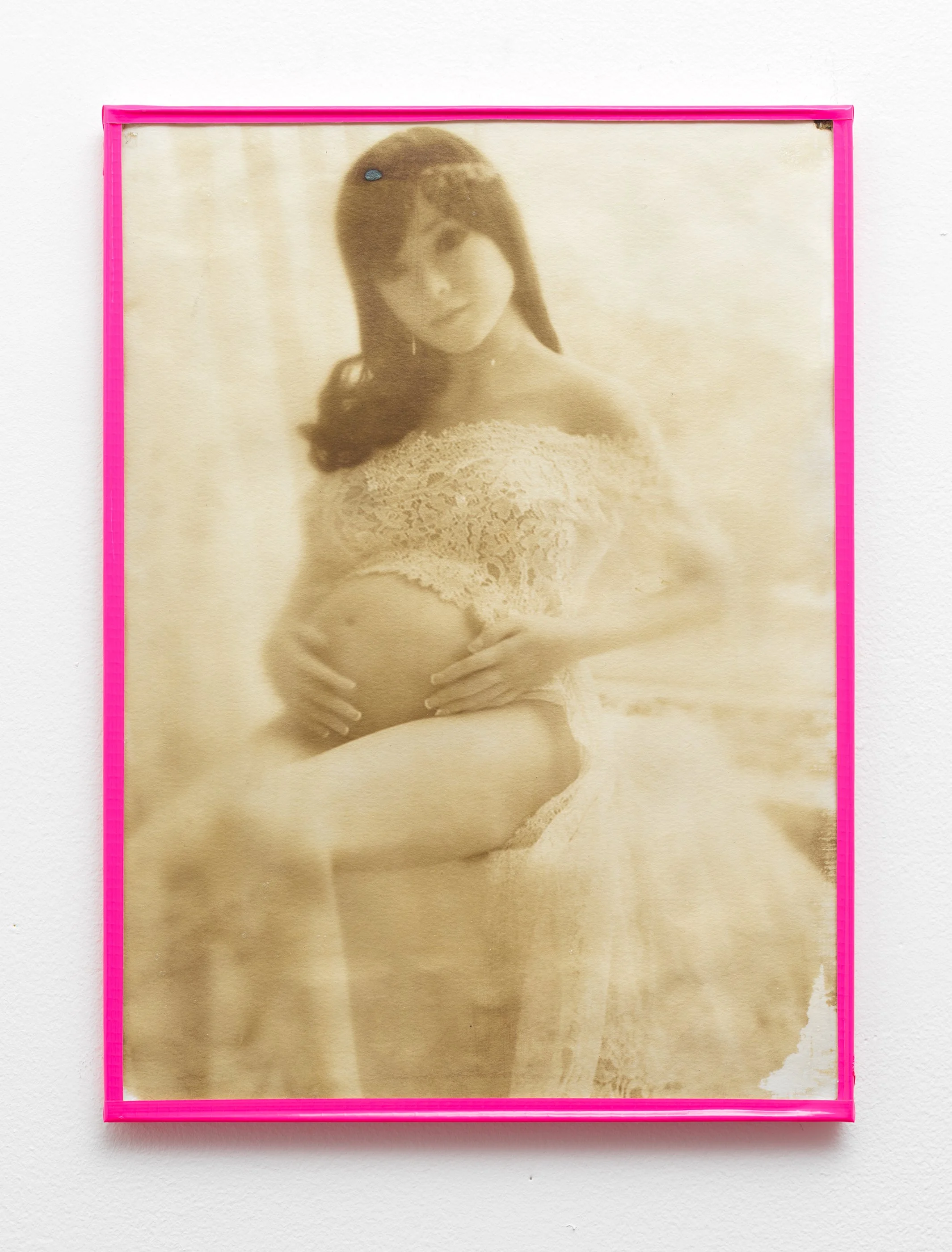 Amelia L., 2023. Albumen (egg whites, silver nitrate, gold chloride) on watercolor paper. Duct tape Artist Frame, 11 in. x 15 in.

