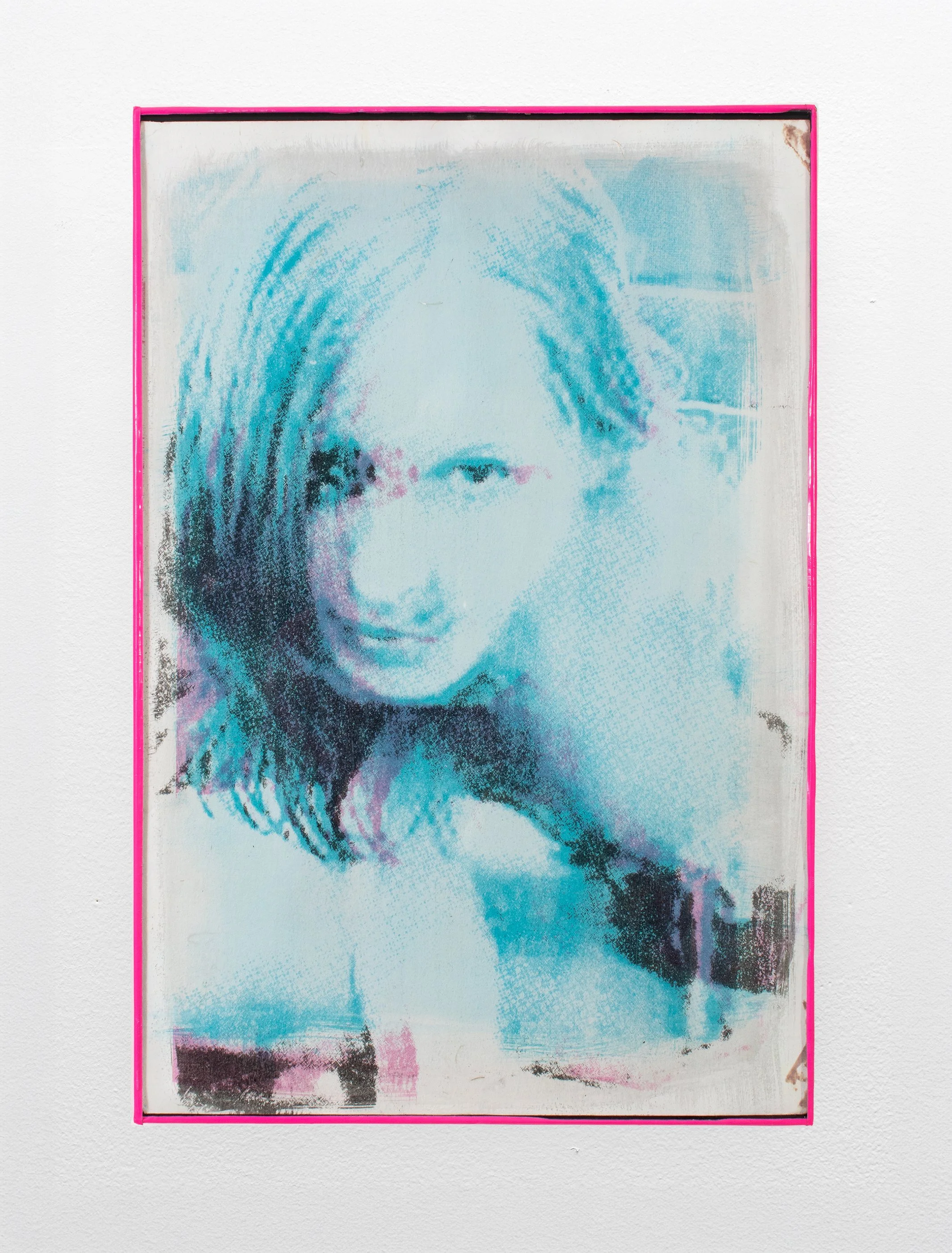 Don't Let That Blue Girl Laugh Too Hard 01, 2024. Gum bichromate on watercolor paper. Duct tape Artist Frame, 12 in. x 18 in.