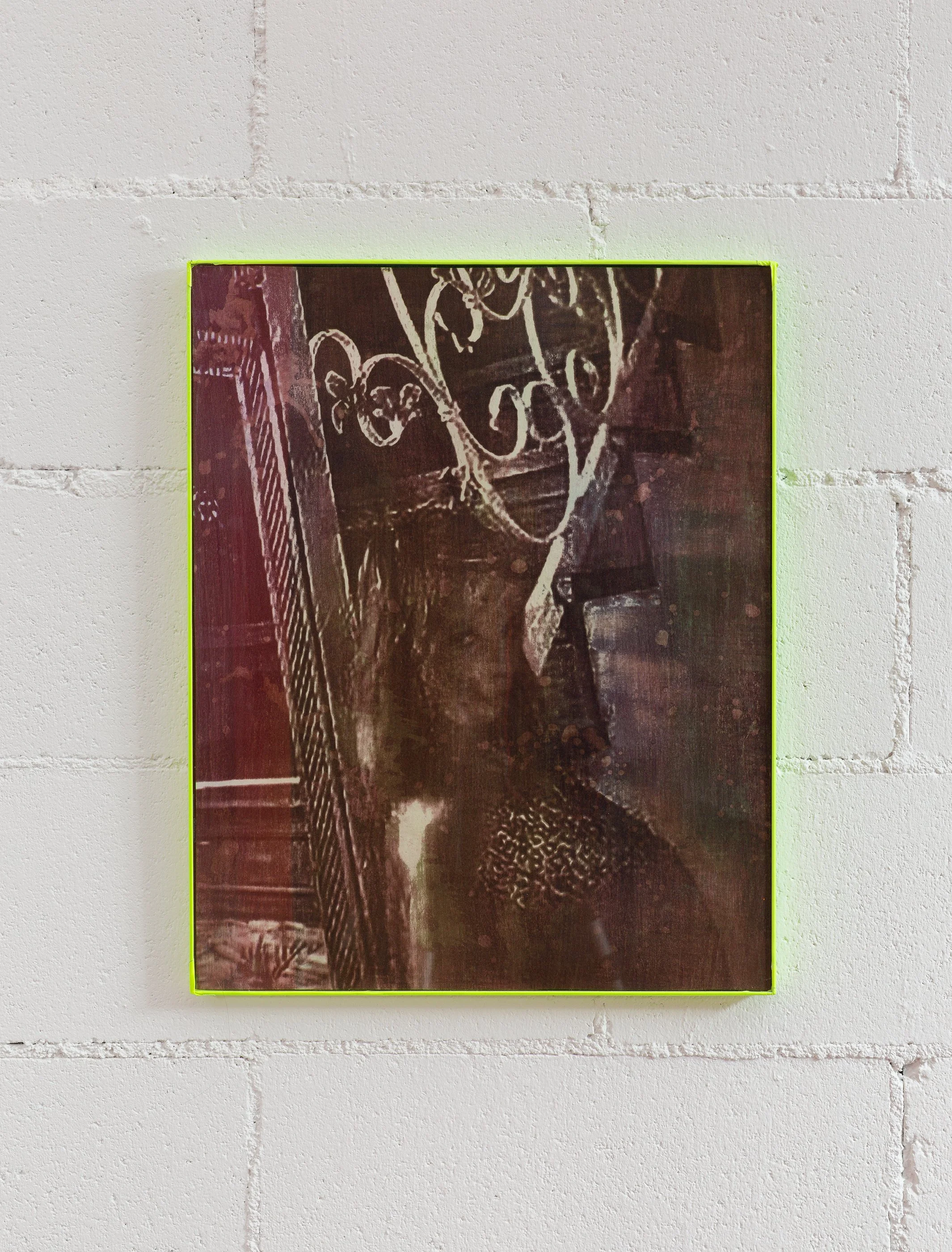 Troxler Sister 011, 2025. Gum bichromate on watercolor paper. Duct tape Artist Frame, 16 in. x 20 in.