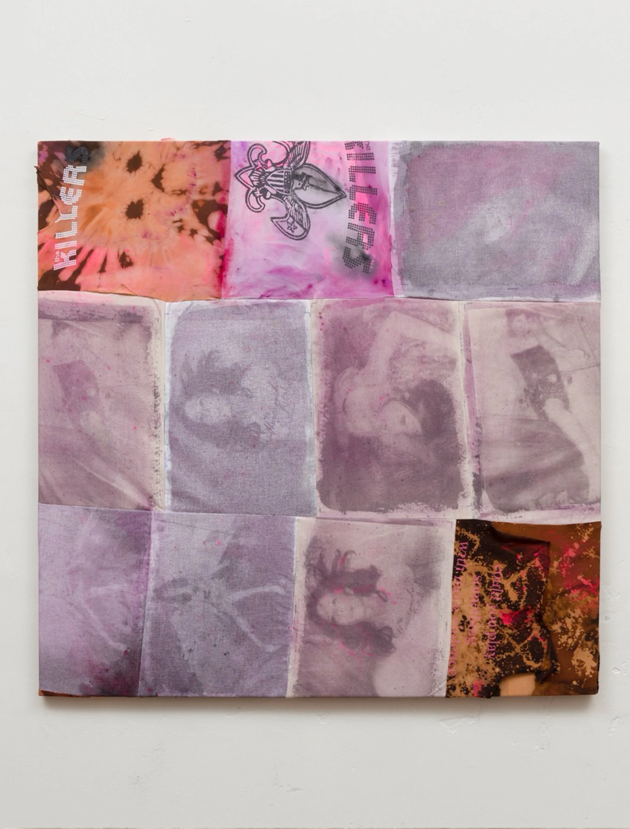 Let's Play Something With More, 2026. Gum bichromate on canvas, bleach, nail polish, watercolor, acrylic, The Killers band t-shirts, second hand store t-shirt “could you play something with more violence”. 48 in. x 50 in.


