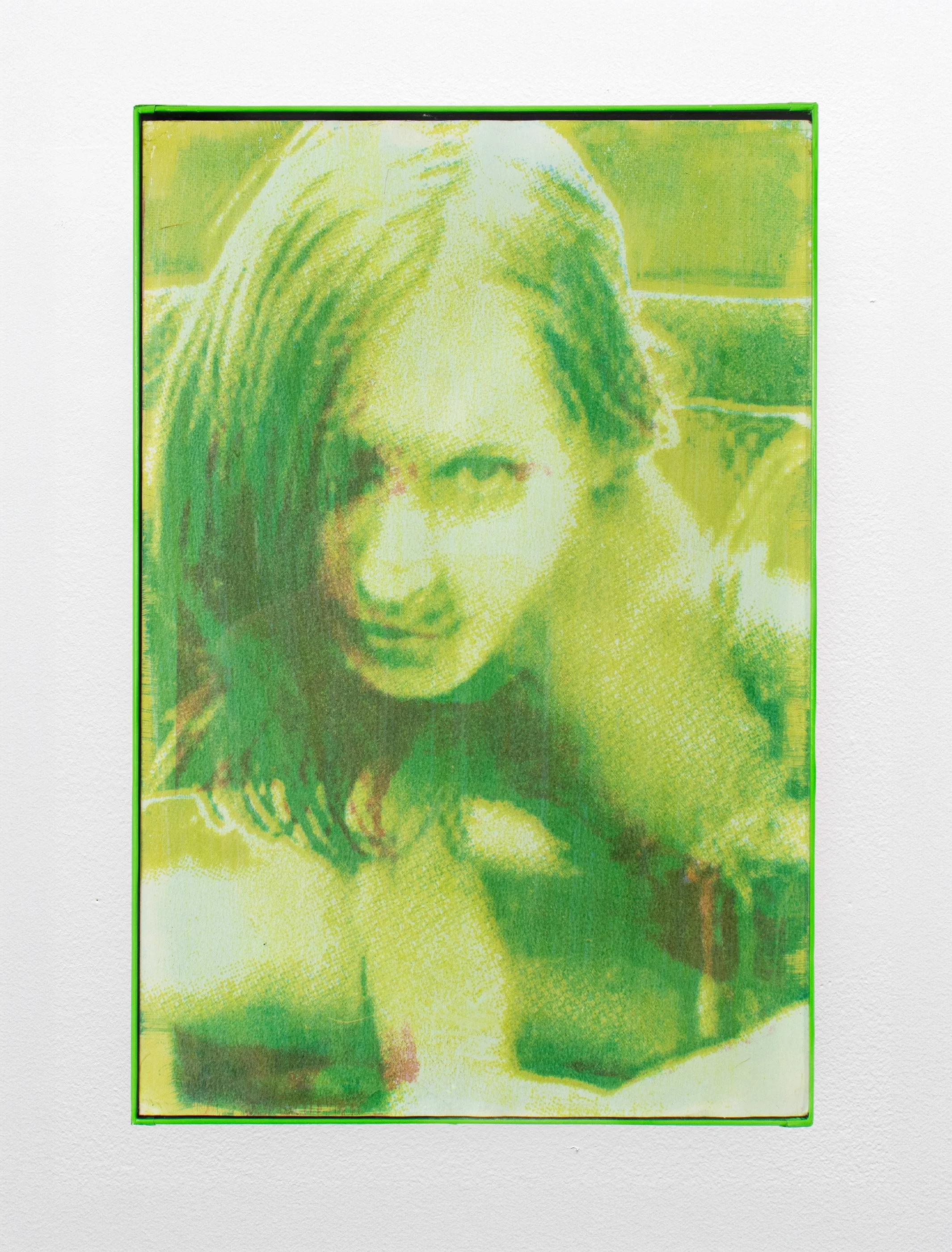 Don't Let That Blue Girl Laugh Too Hard 02, 2024. Gum bichromate on watercolor paper. Duct tape Artist Frame, 12 in. x 18 in.