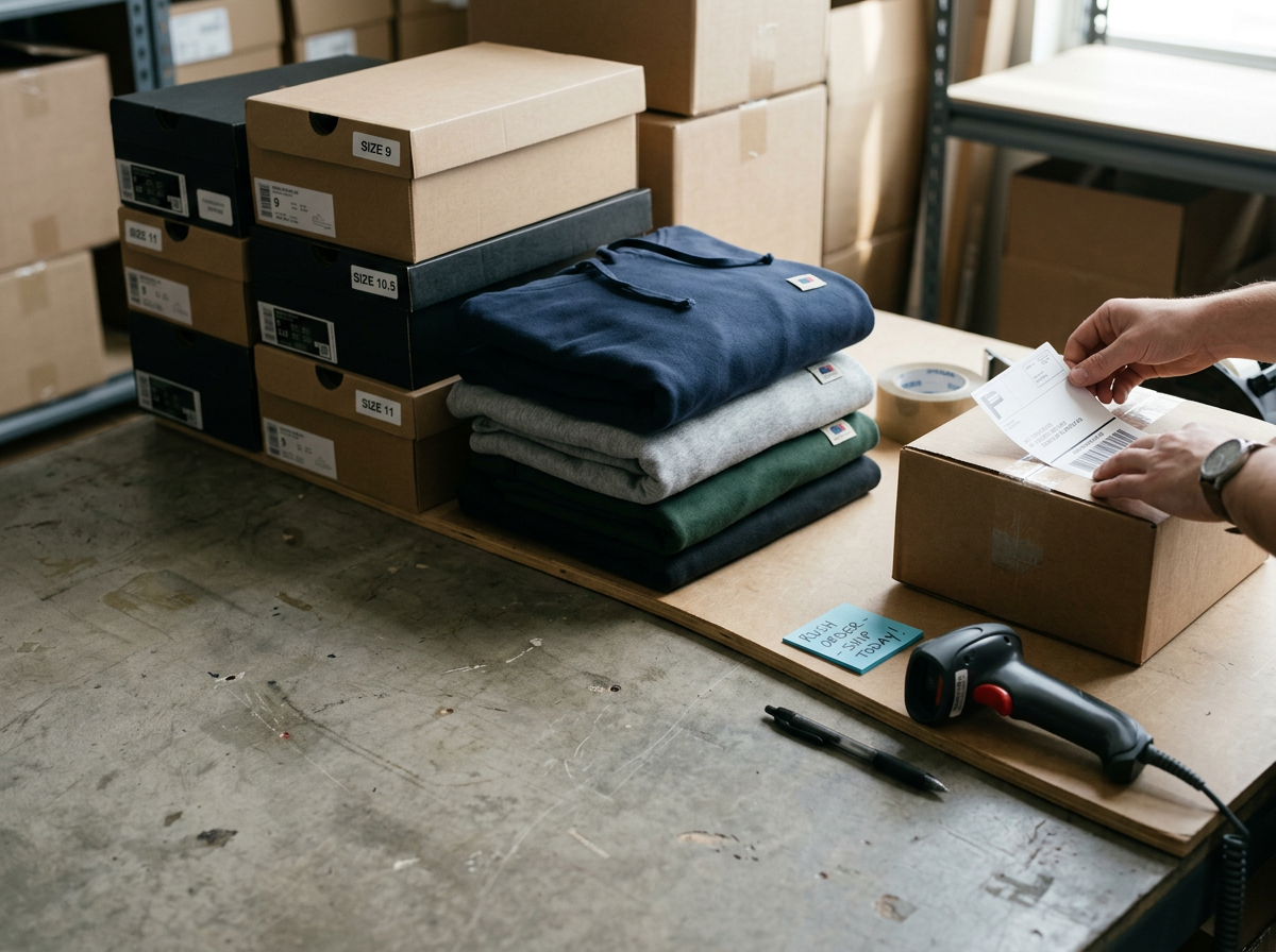 A person packing a cardboard box in a warehouse. There are stacked shoe boxes, folded clothes, and packing supplies on the table, including a barcode scanner, black pen, tape, and a note.