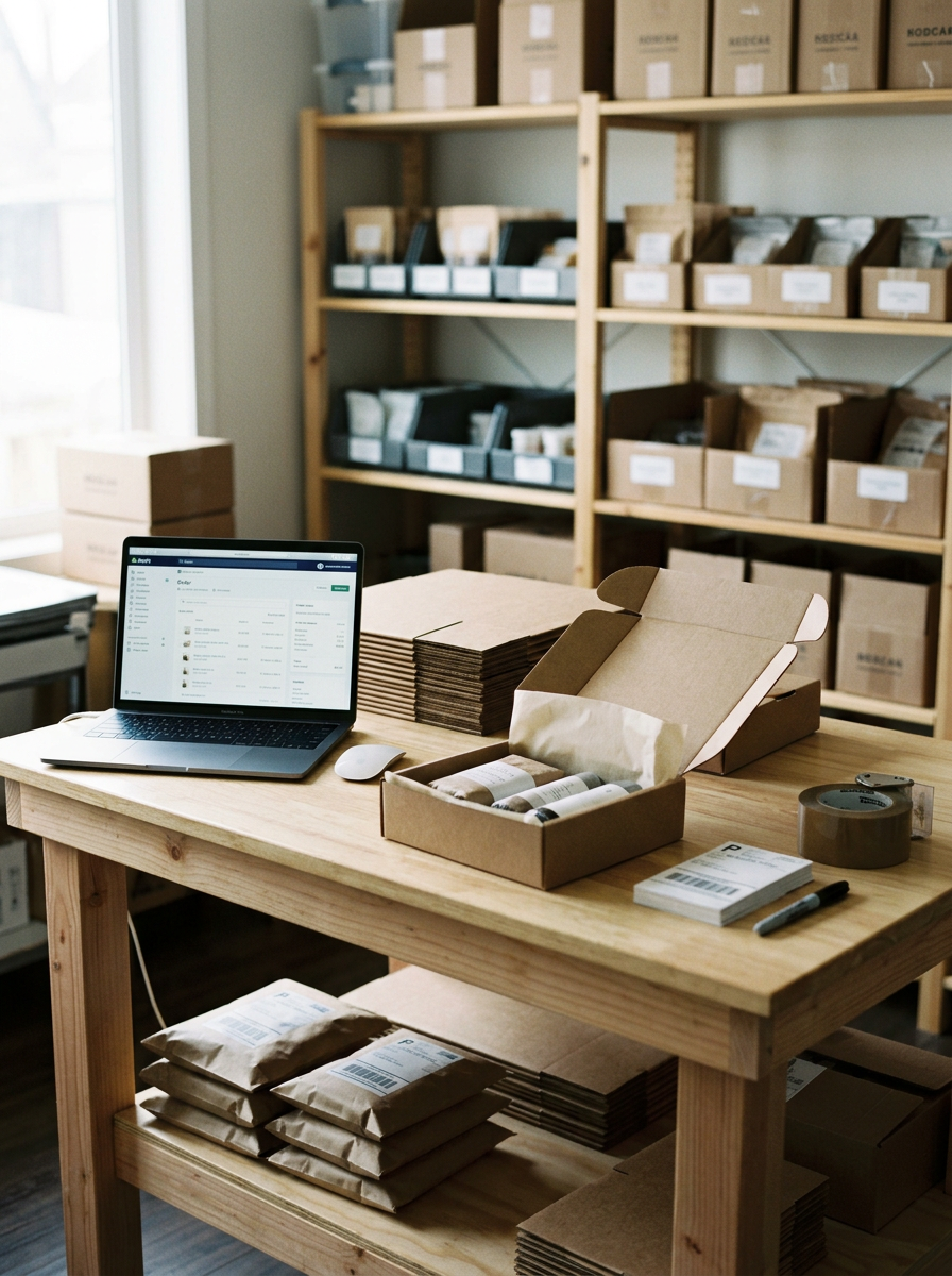 A workspace with a wooden table, a laptop, packing supplies including paper rolls and boxes, shelves filled with labeled boxes, and a window letting in natural light.