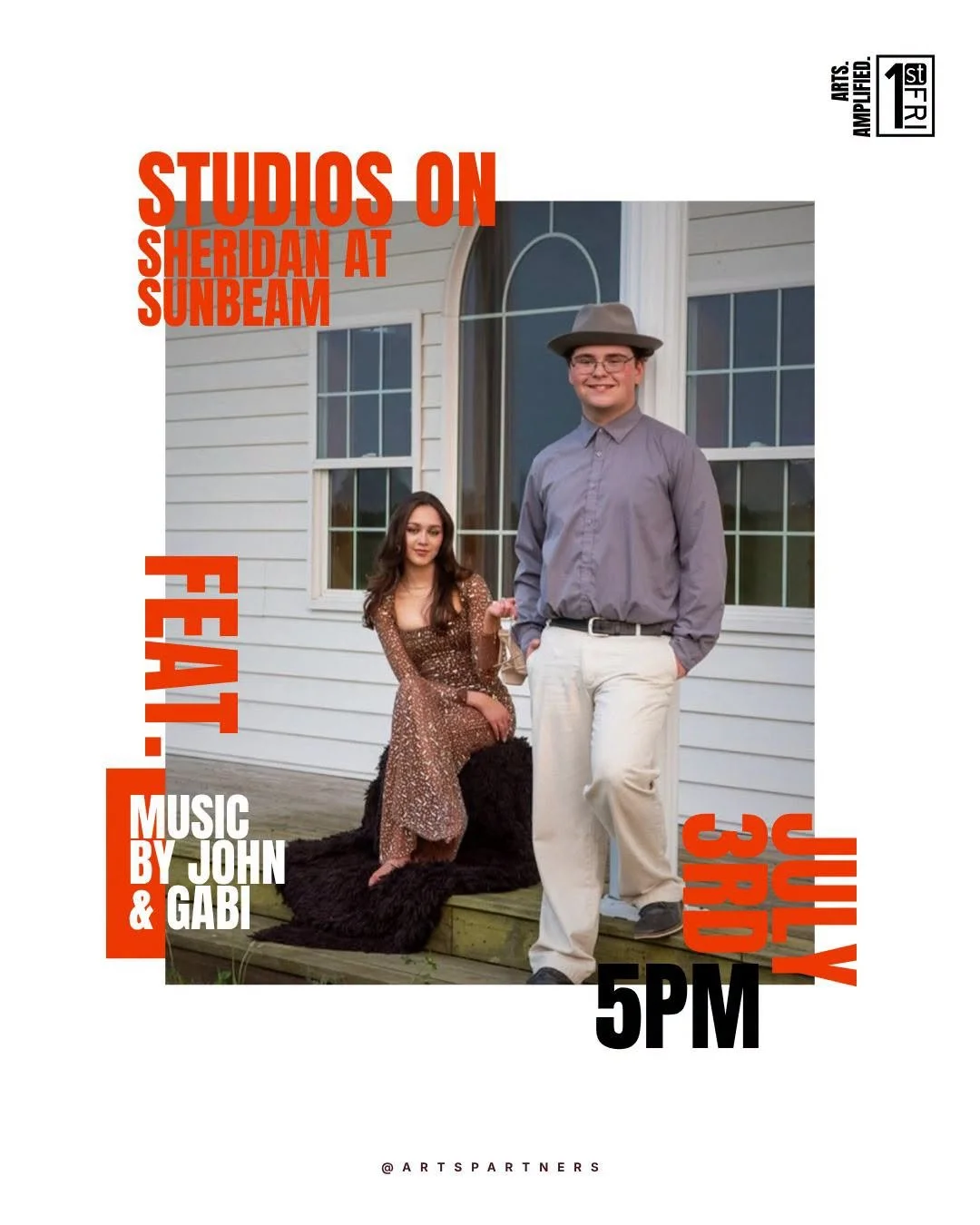 Poster advertising a studio event at Sheridan Sunbeam, featuring a young man and woman standing outside a building, with bold orange and black text details about the event, including date and time.