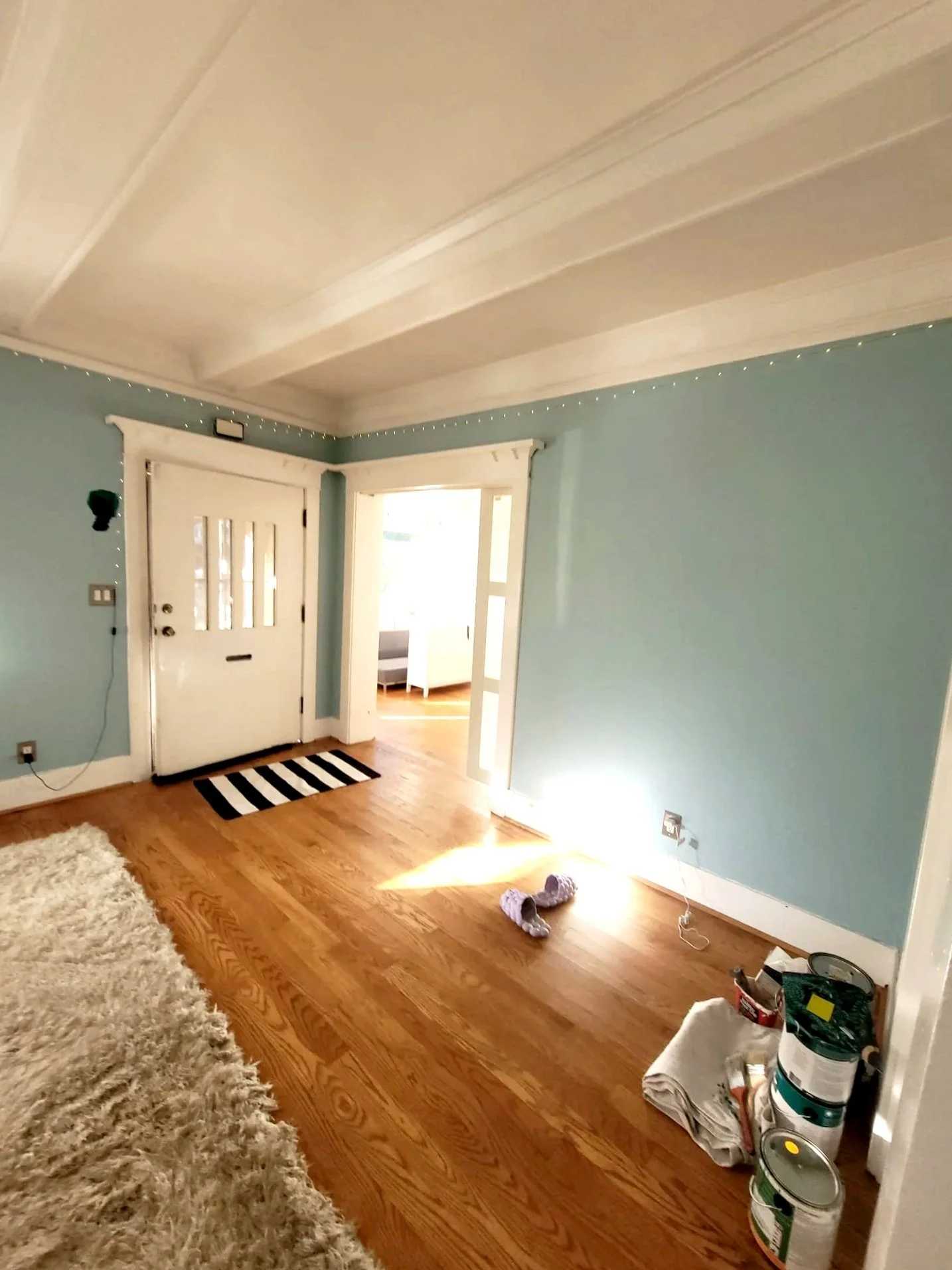 Living room with hardwood floors, a fluffy beige rug, a front door with a striped doormat, a window, and various household items including paint cans and a pair of slippers.
