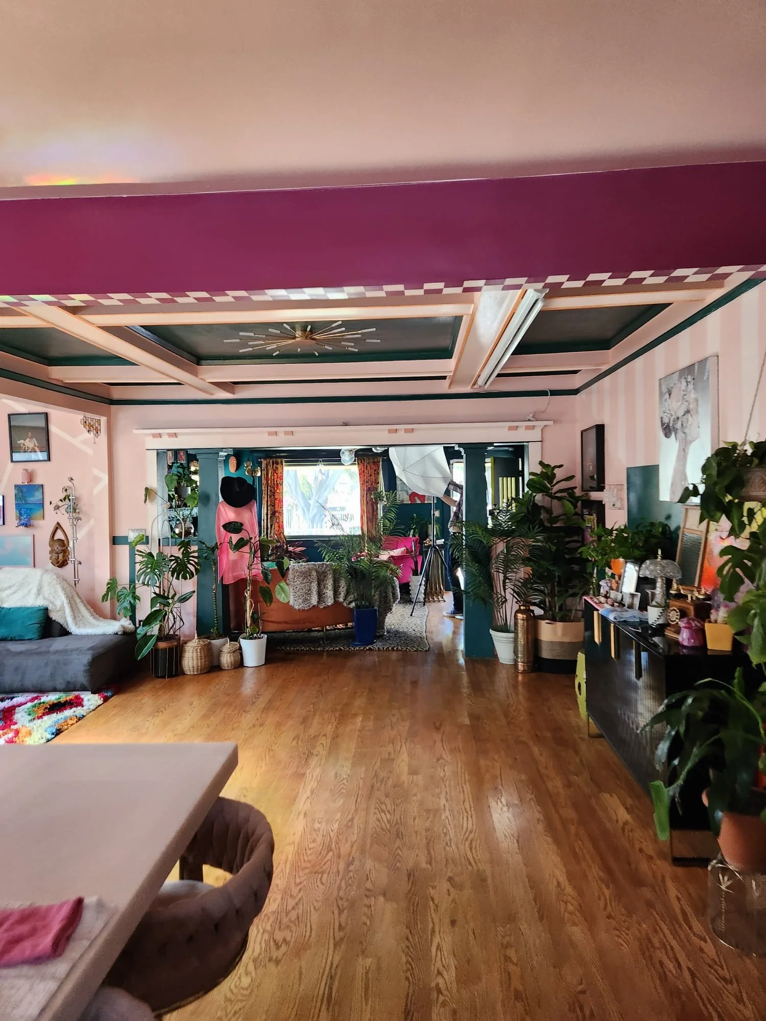A vibrant, cozy living room with a mix of modern and vintage decor, various plants, and colorful accents. The room has a wooden floor, a dark sofa, and a table with chairs in the foreground.