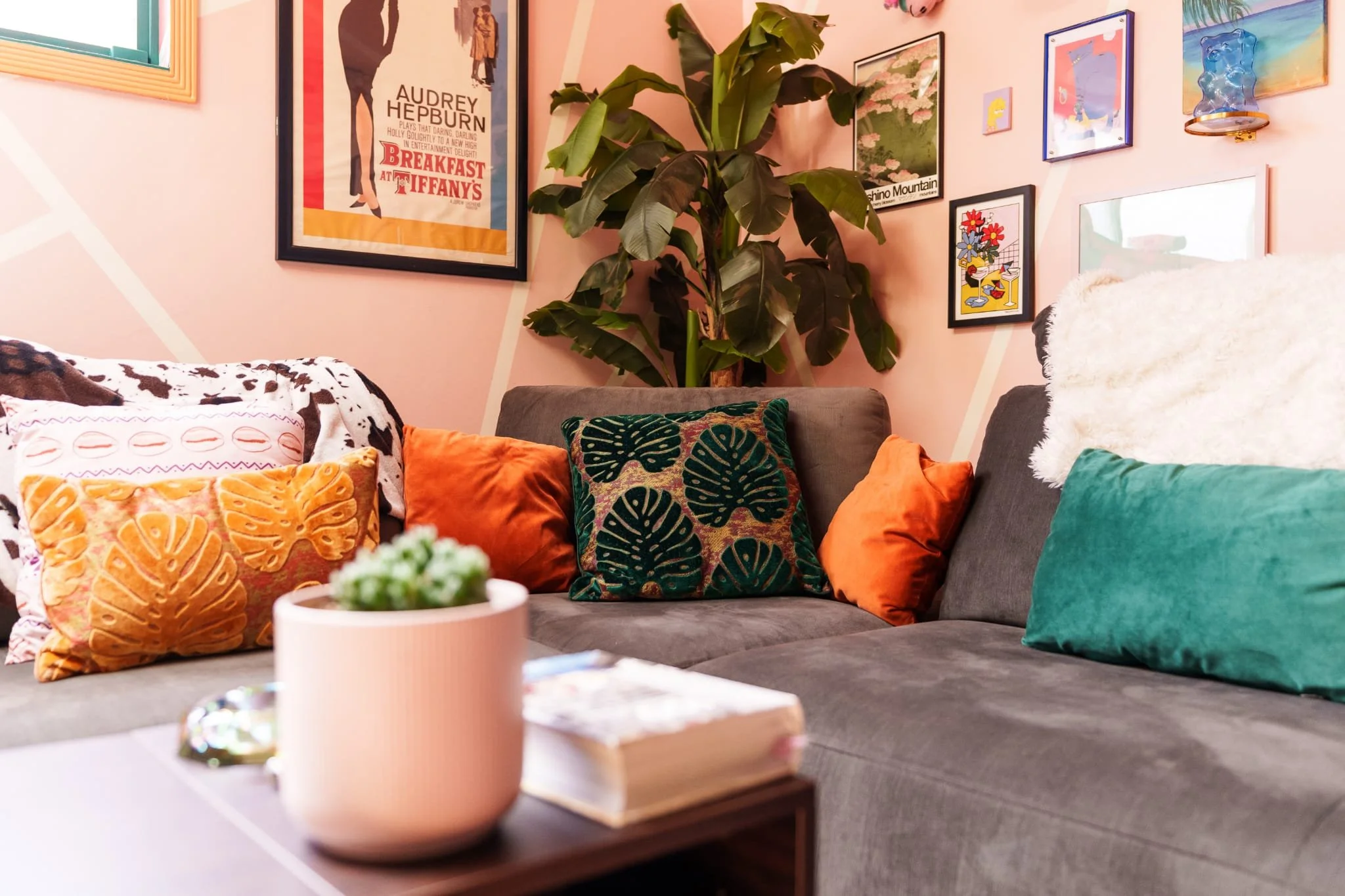 Living room with colorful pillows on a gray sofa, framed art on pink wall, large green indoor plant, fireplace, and window