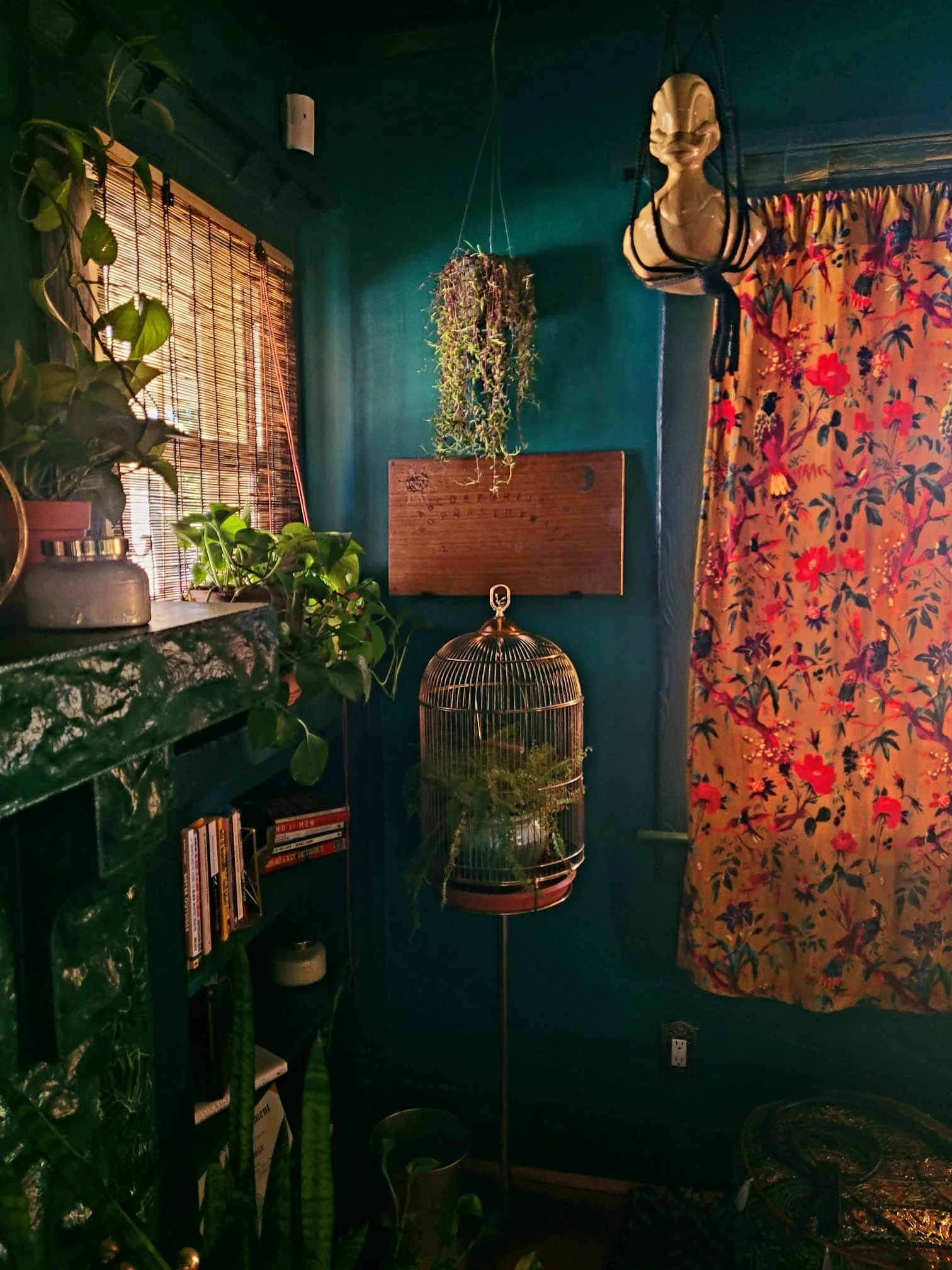 A cozy interior room with dark turquoise walls, featuring potted plants on a table, a hanging plant, a birdcage with a plant inside, a carved bust on a stand, a colorful floral curtain, and a wooden framed chart or artwork on the wall.