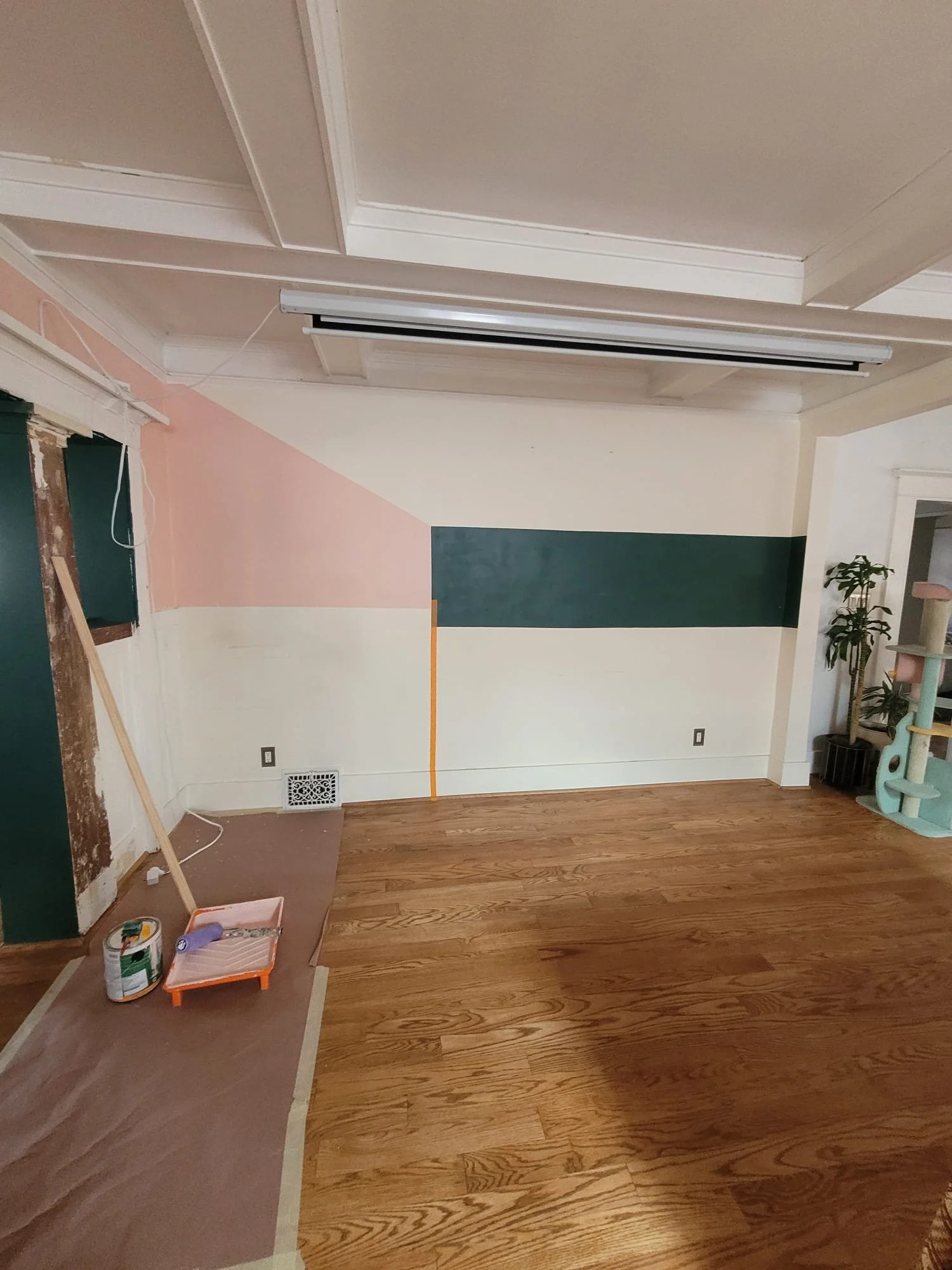 Room with partially painted wall, area for painting with drop cloth, green and pink wall sections, wooden floor, and painting supplies.
