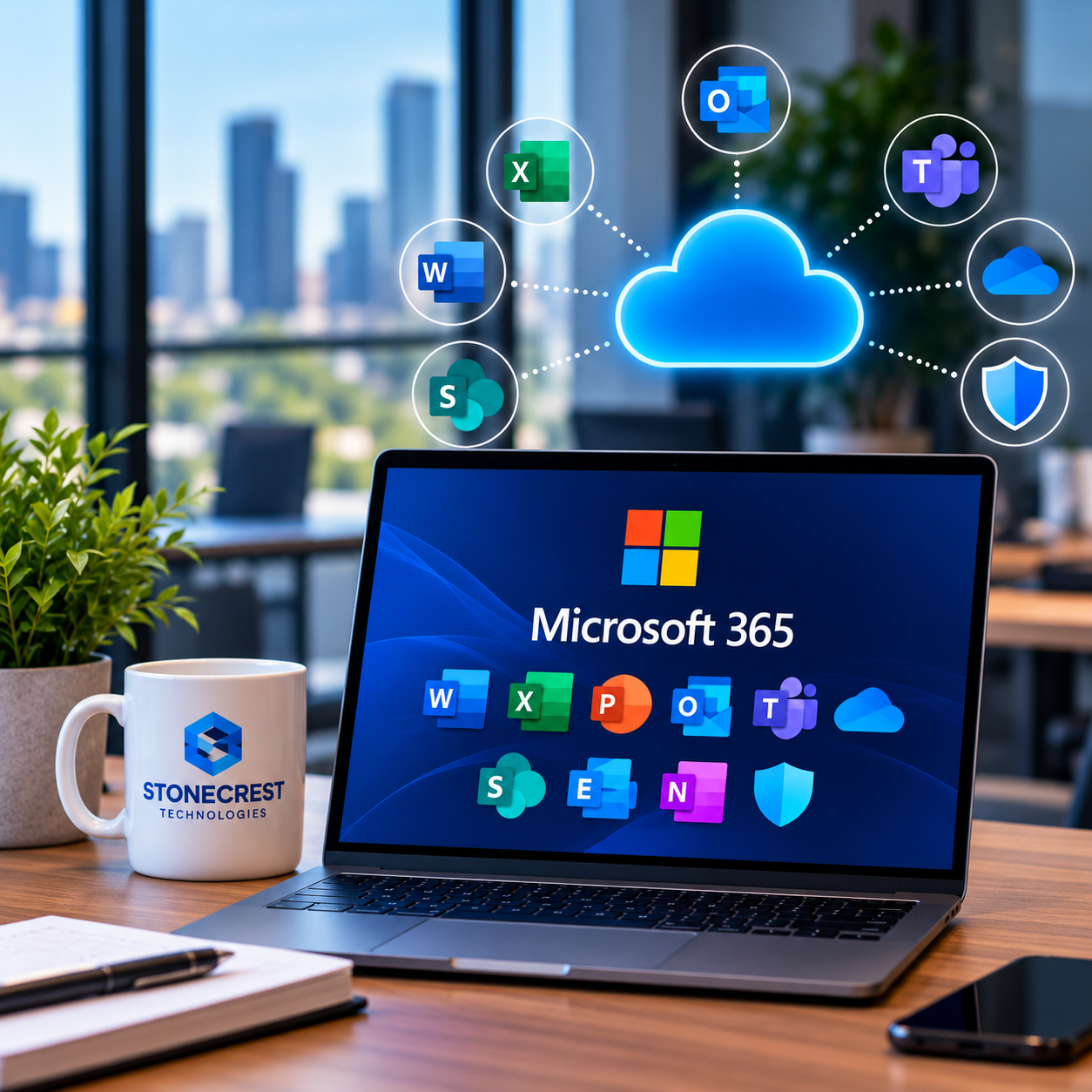 - Microsoft 365 and cloud services on a laptop with Stonecrest Technologies branding