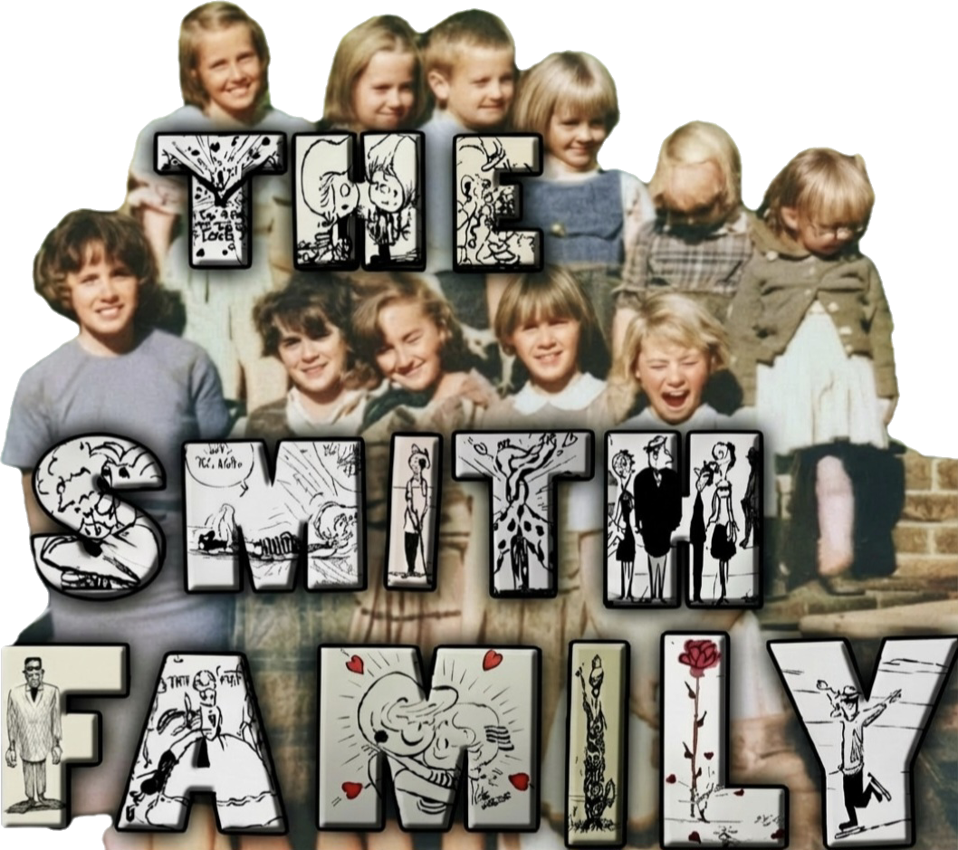 Vintage photo of a group of children standing outside a building, with the words "THE SNOT FILLY" overlaid in comic-style letters.