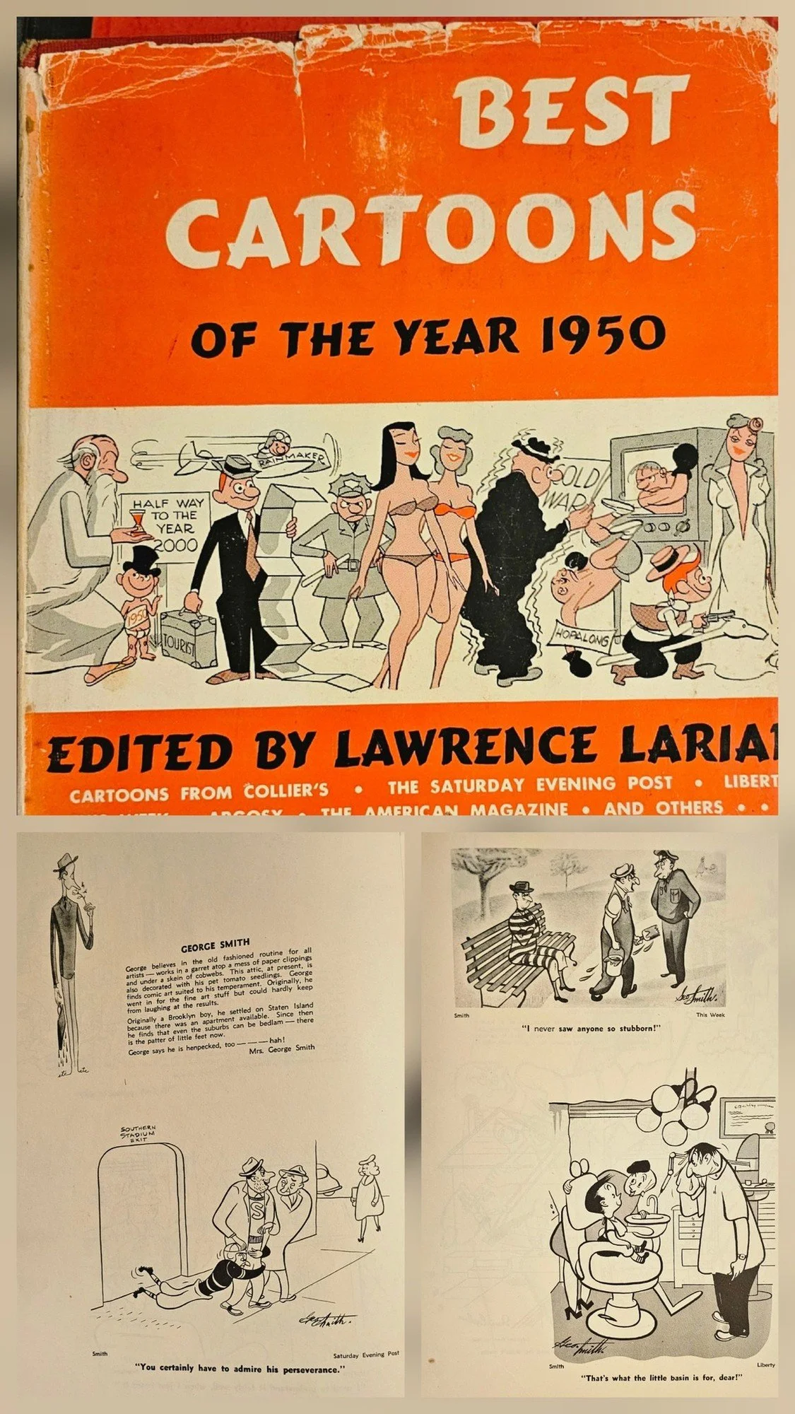 Cover of a book titled "Best Cartoons of the Year 1950" edited by Lawrence Lariar, featuring various cartoon illustrations, some showing humorous scenes and characters in black and white, with a vintage style from the 1950s.