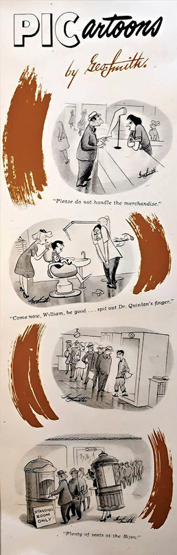 A vintage poster titled 'PIC cartoons' by Geo Smith showcasing four humorous cartoons set in a barber shop and restroom, with artistic brown brushstrokes on white background.
