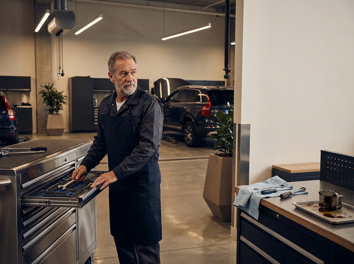 An older man with a beard and gray hair wearing a dark mechanic's uniform and apron, working at a tool chest in an auto repair shop.