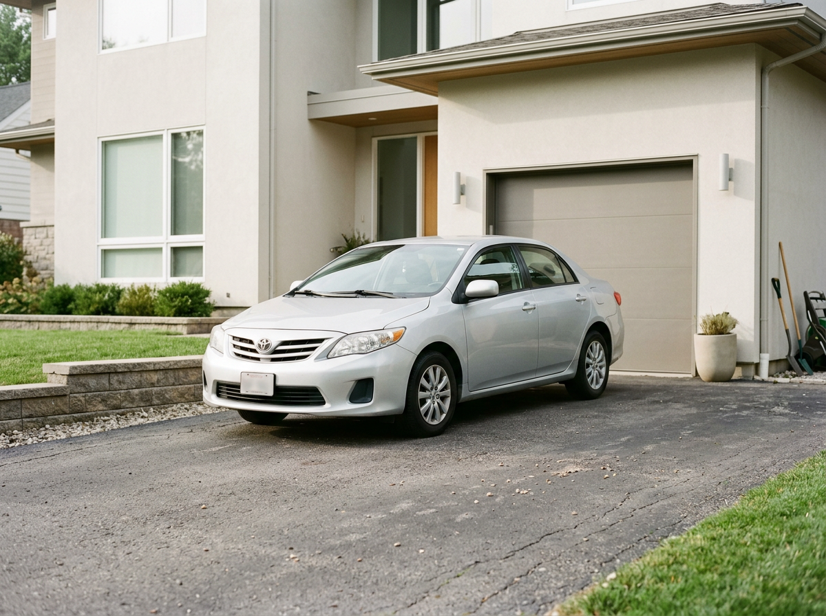 Silver sedan parked in a residential driveway in front of a garage at a modern house with large windows and greenery.