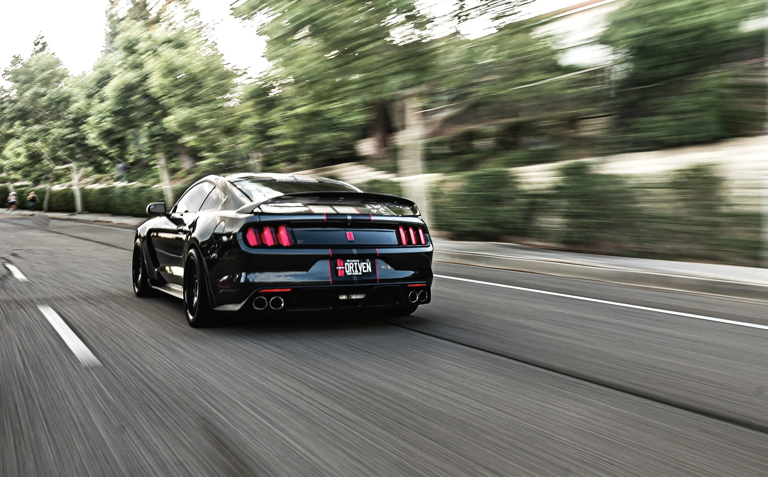 A black sports car driving on a road with blurred greenery in the background.