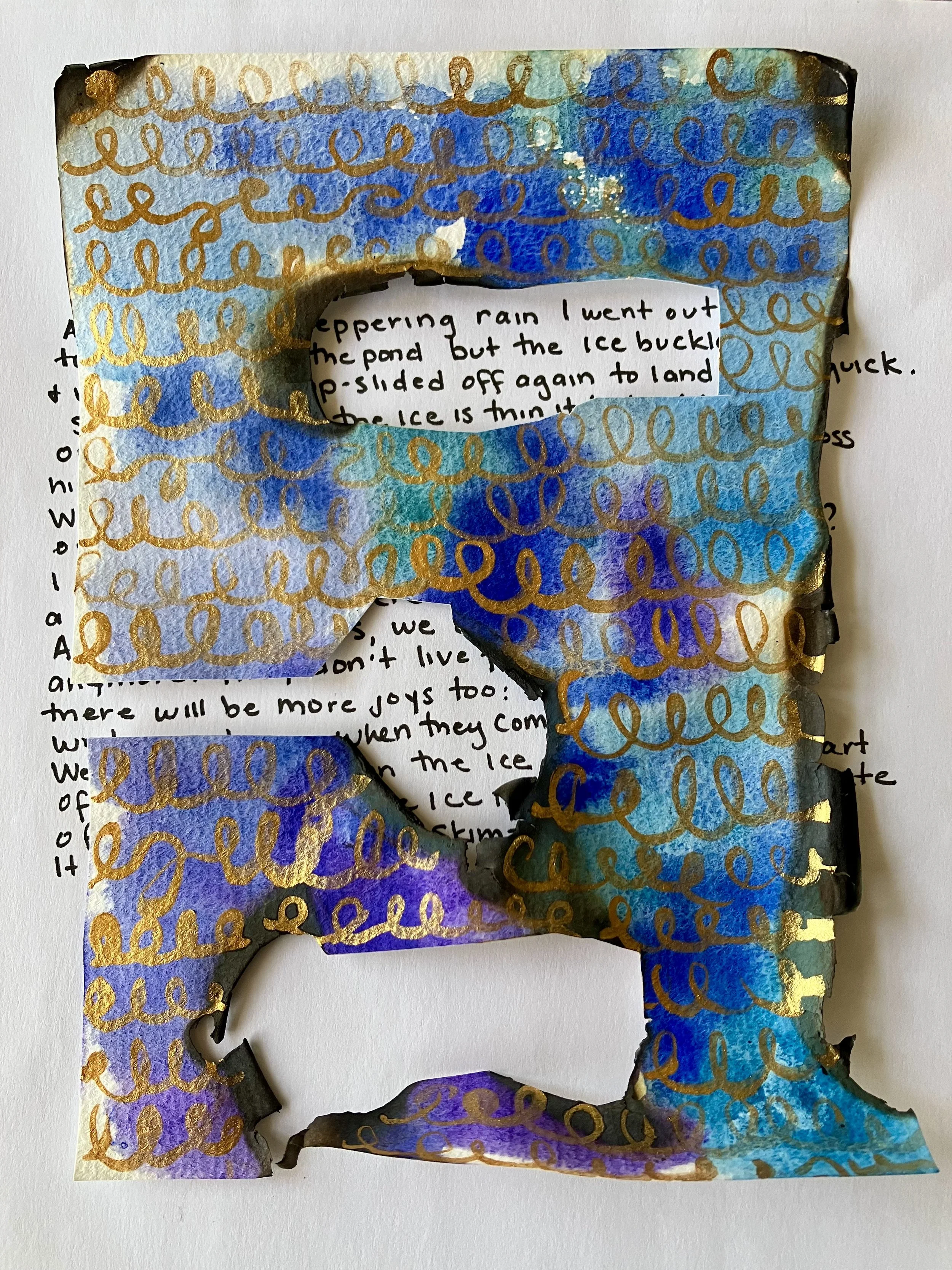A collage with a silhouette of a person's profile made of torn paper painted with watercolor shades of blue, purple, green, and black. The silhouette has gold decorative swirls overlayed on it, and there is a handwritten note visible within the open 