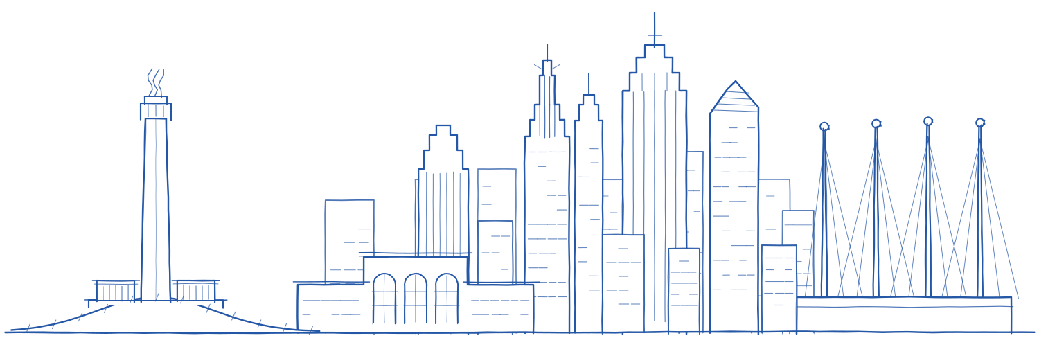 Pen sketch of the Kansas City skyline: the Liberty Memorial, Union Station and downtown.