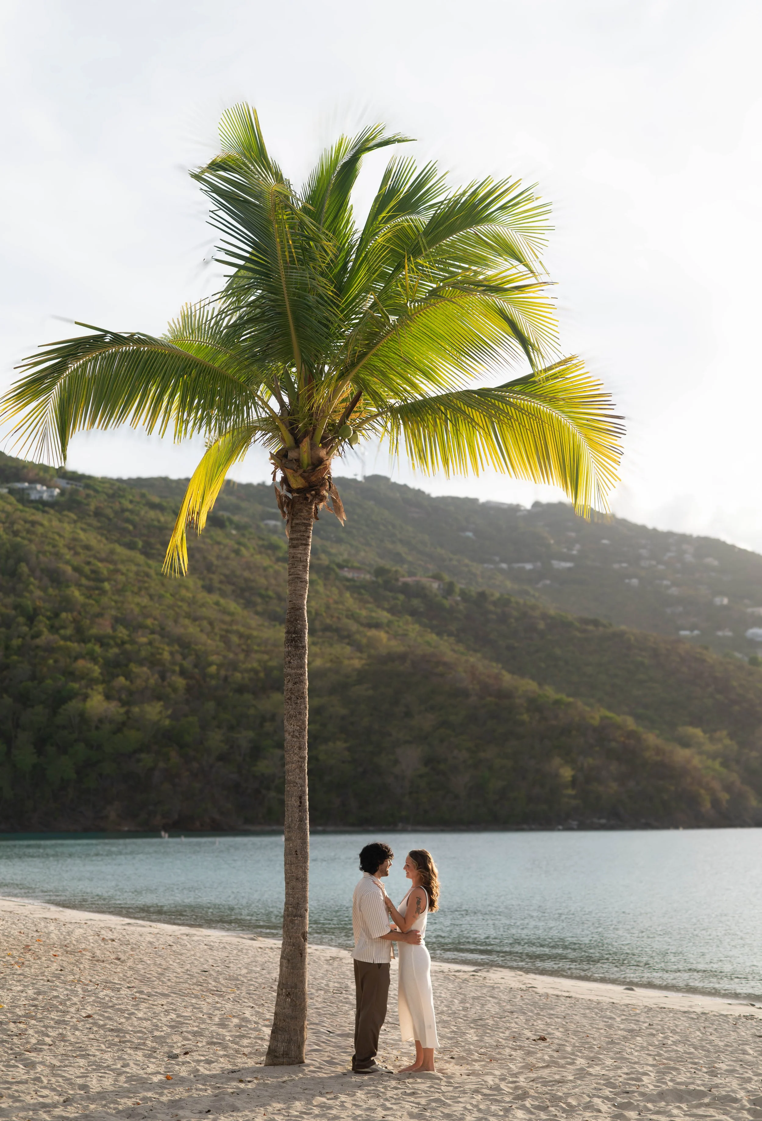 A couple holding hands and looking at each other under a tall palm tree on a beach, with water and hills in the background.