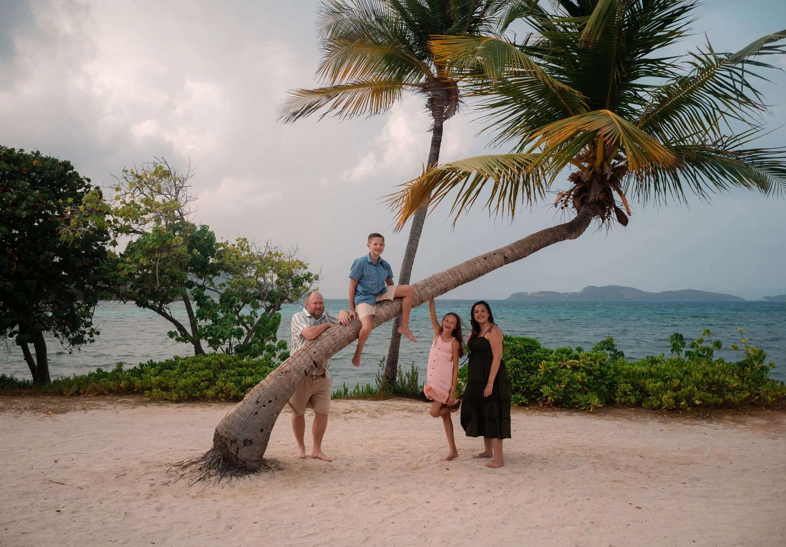 A group of people standing and sitting around a leaning palm tree on a beach, with the ocean and distant islands in the background.