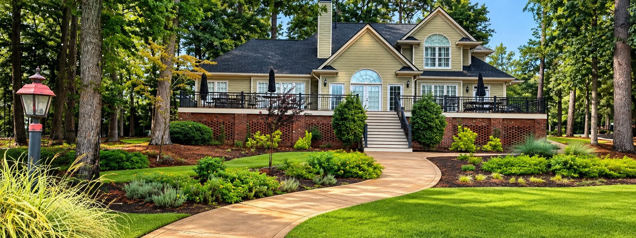 A large house with yellow siding and black roof, surrounded by tall trees and landscaped yard with a curved walkway, bushes, and flowers, featuring an elevated deck with black railing and outdoor furniture.