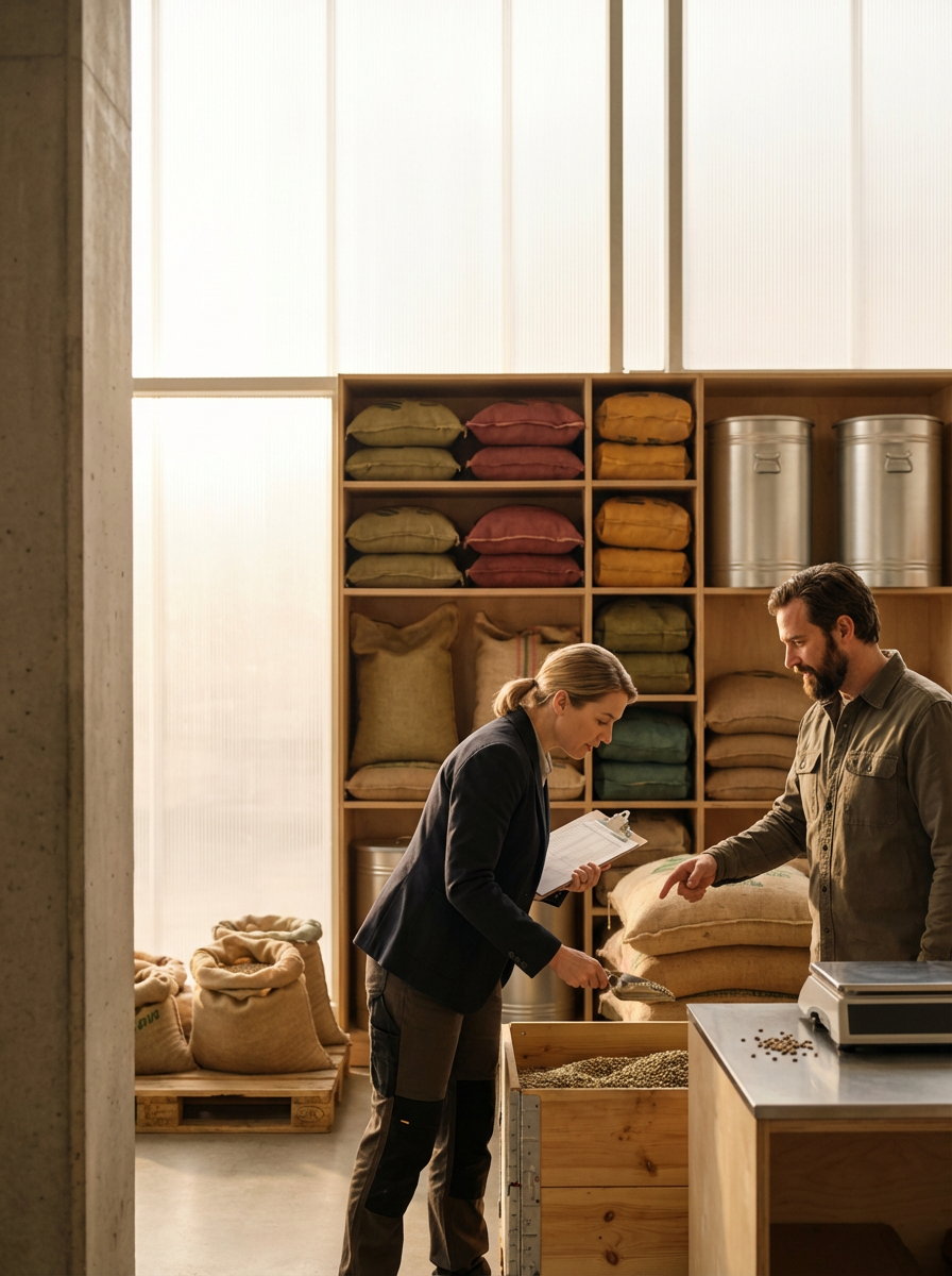 A woman and a man are talking in a store or warehouse with shelves of sacks and containers behind them. The woman is holding a clipboard and a small scoop, while the man points at a bag on the table.