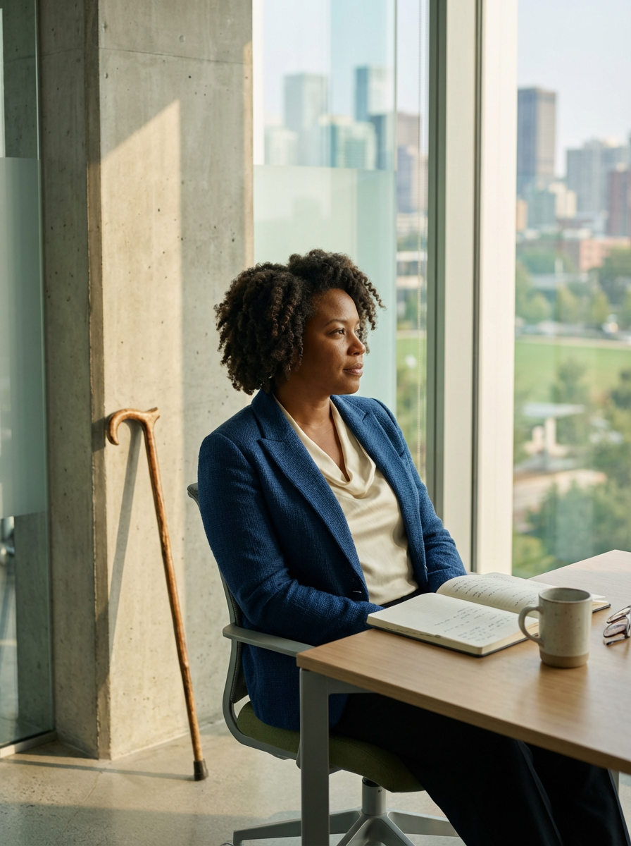 A woman with curly hair and a blue blazer sits at a desk, looking out a large window in an office building. The desk has an open notebook, a mug, and a pair of glasses. A cityscape is visible outside the window.
