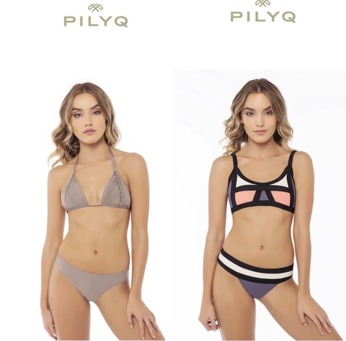 Two women modeling swimwear, one in a beige bikini and the other in a geometric patterned bikini, against a white background with 'PILYQ' logos at the top.