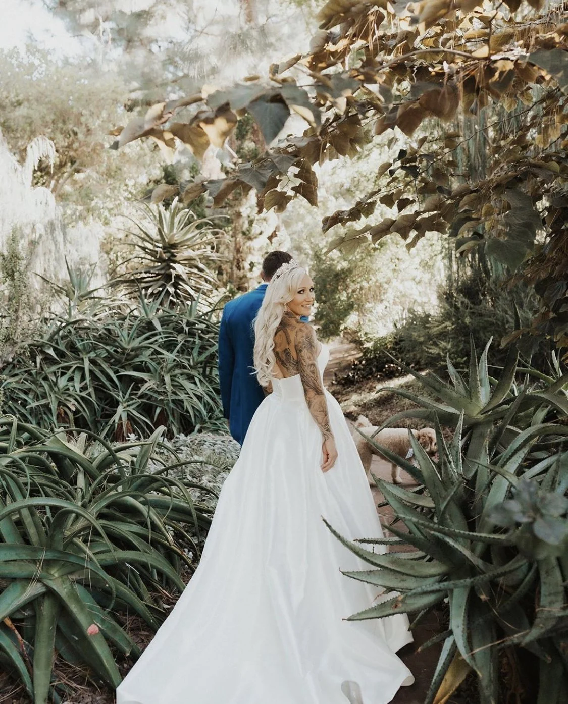 A bride and groom walking through a lush garden with large aloe plants and greenery, with the bride wearing a white wedding dress and the groom in a blue suit, as the sunlight filters through the trees.